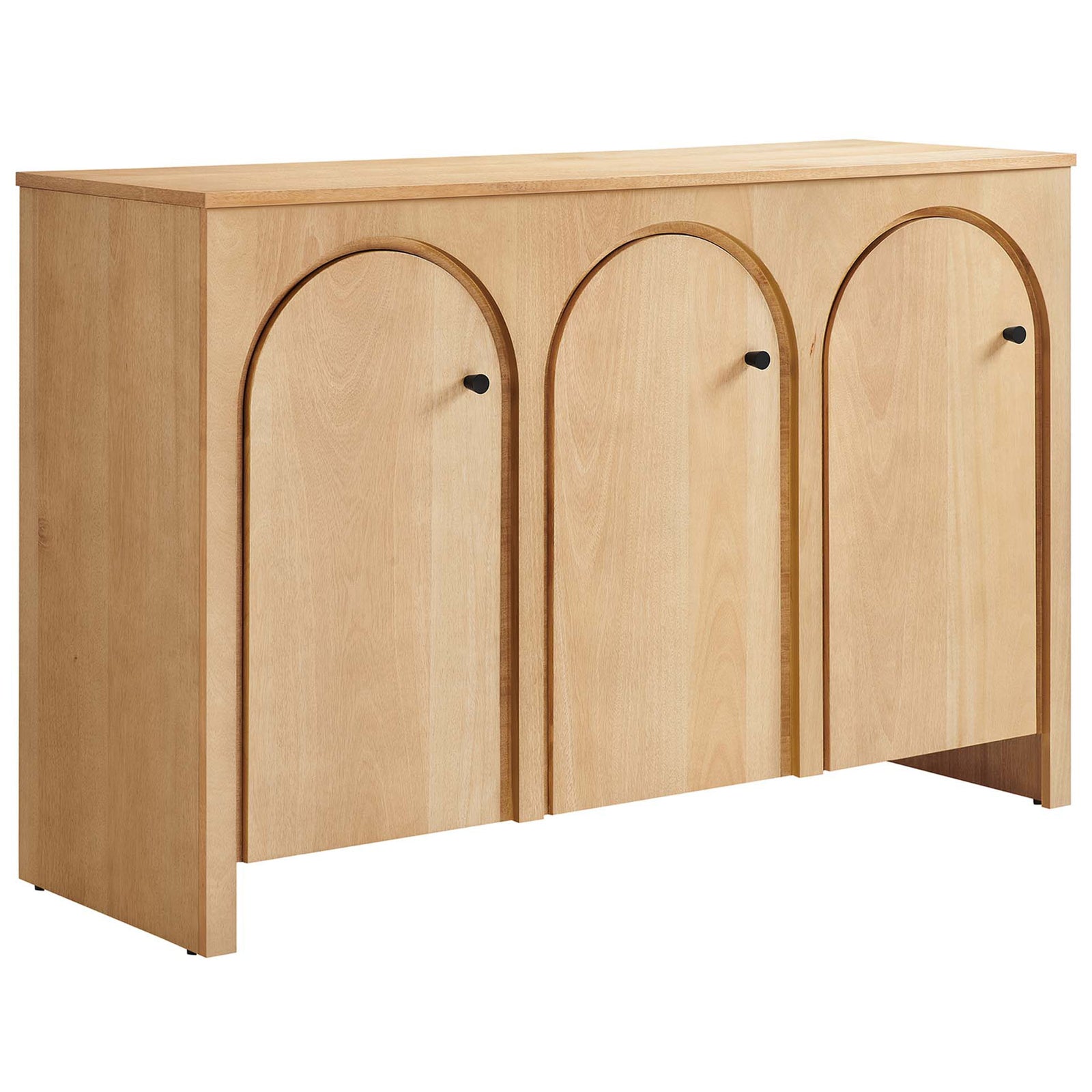 Warm oak 3-door storage cabinet with arched doors and clean lines for a modern mid century inspired look || EEI-6536-OAK || front_angle_studio