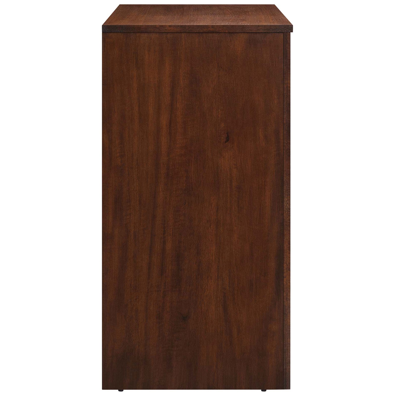 Slim side view of the walnut cabinet underscores its compact, sturdy design || EEI-6537-WAL || side_studio