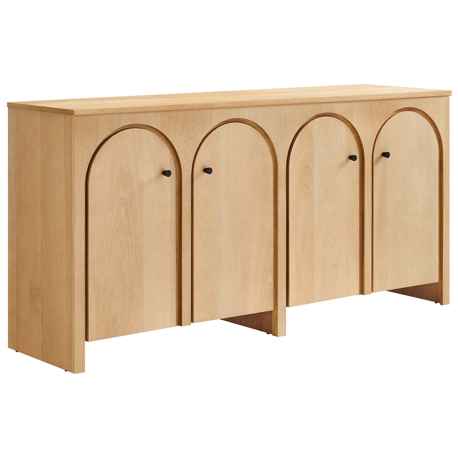 Oak 4-door sideboard with arched panels and slim black knobs for modern storage and display || EEI-6538-OAK || front_angle_studio