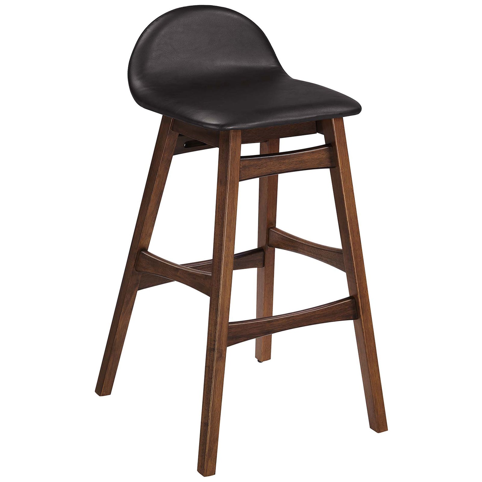 Streamlined bar stool pairs a contoured vegan leather seat with a warm wood frame || EEI-6554-BRN || front_angle_studio