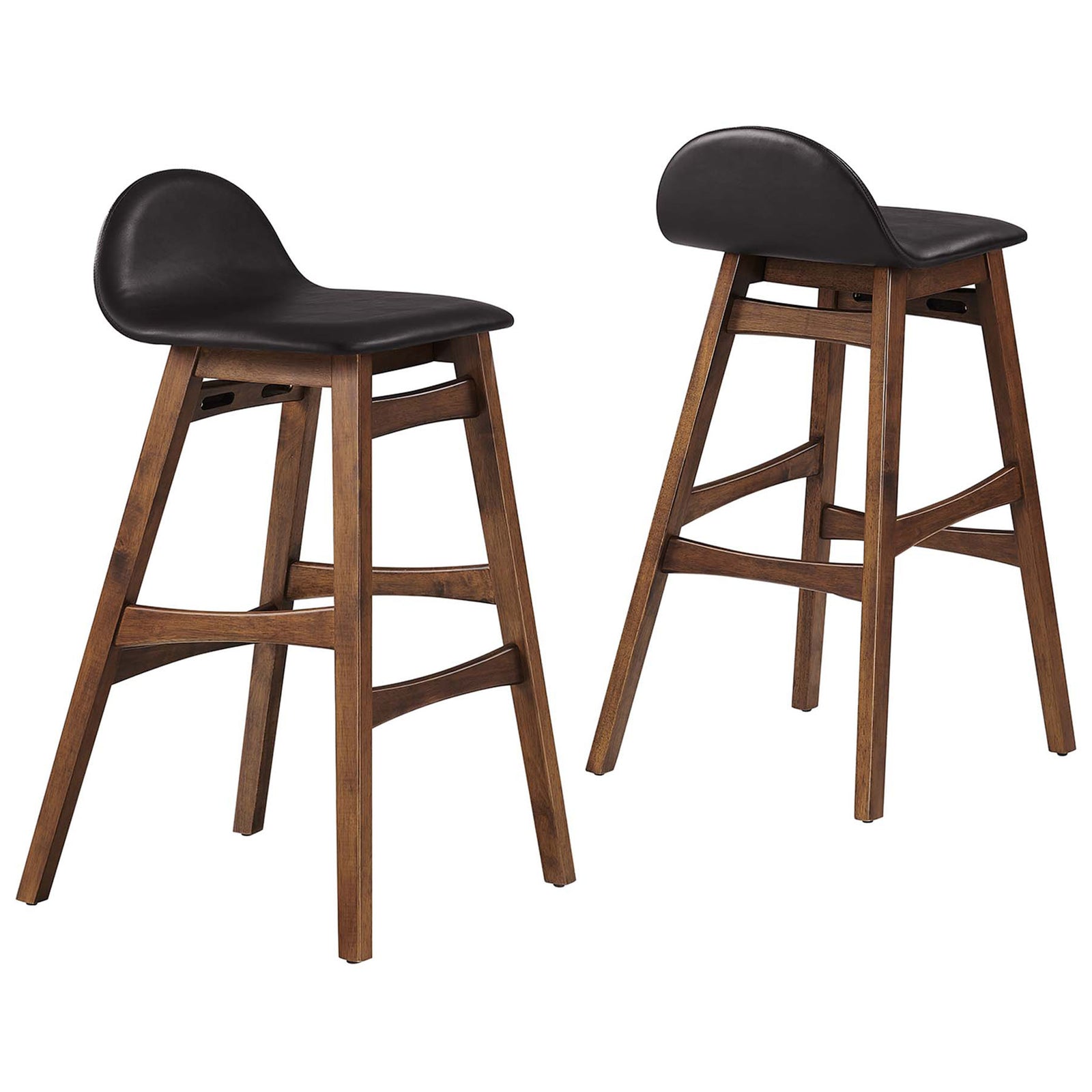 Set of two bar stools in vegan leather with low backs and integrated footrests || EEI-6554-BRN || front_angle_multi_studio