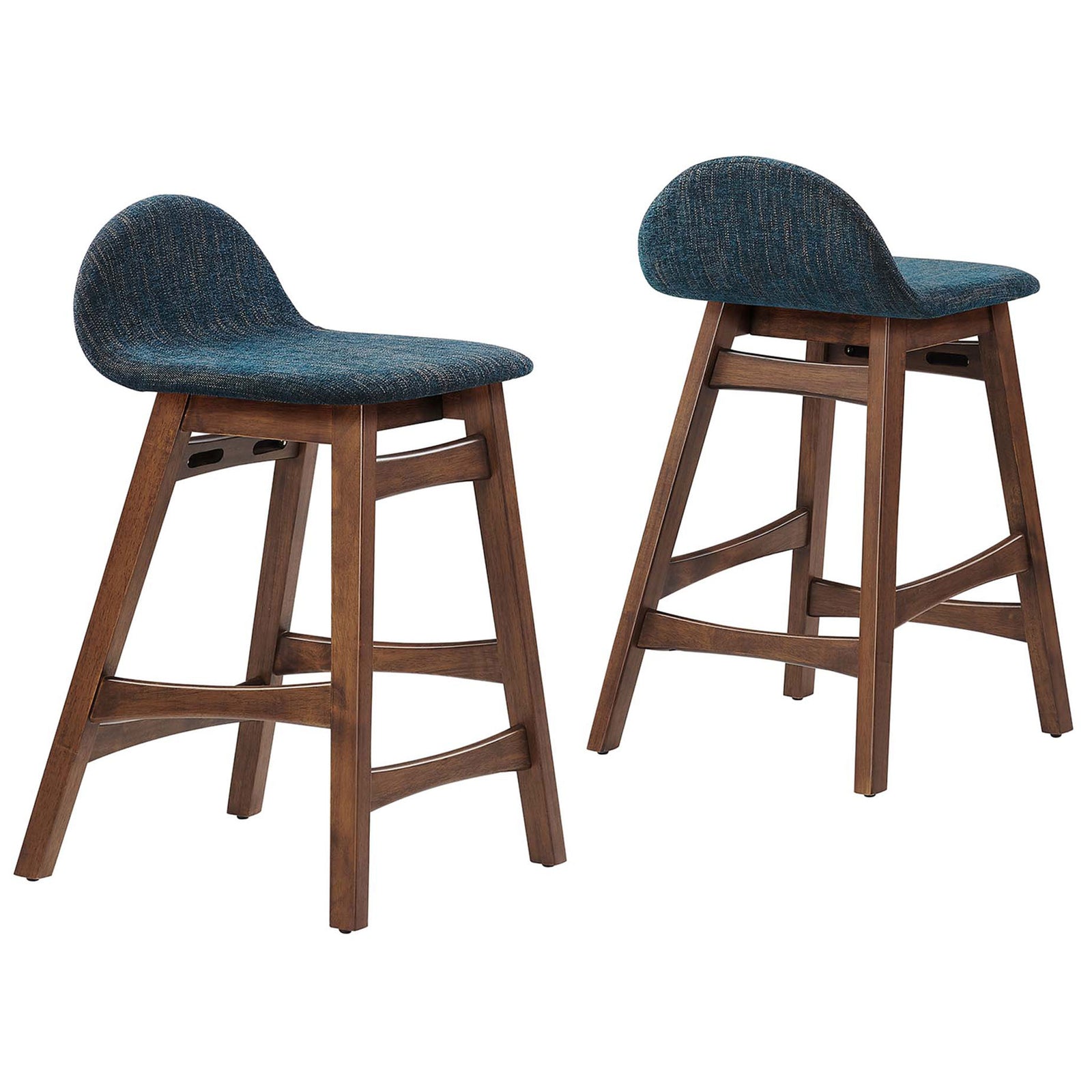 Matching pair showcases the clean lines, splayed legs, and cozy upholstered seats. || EEI-6555-HEA || front_angle_multi_studio