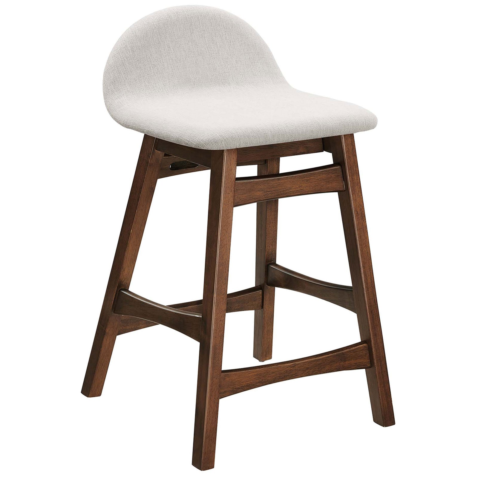 Mid-century counter stool in heathered ivory with splayed rubberwood legs and integrated footrest || EEI-6555-HEI || front_angle_studio