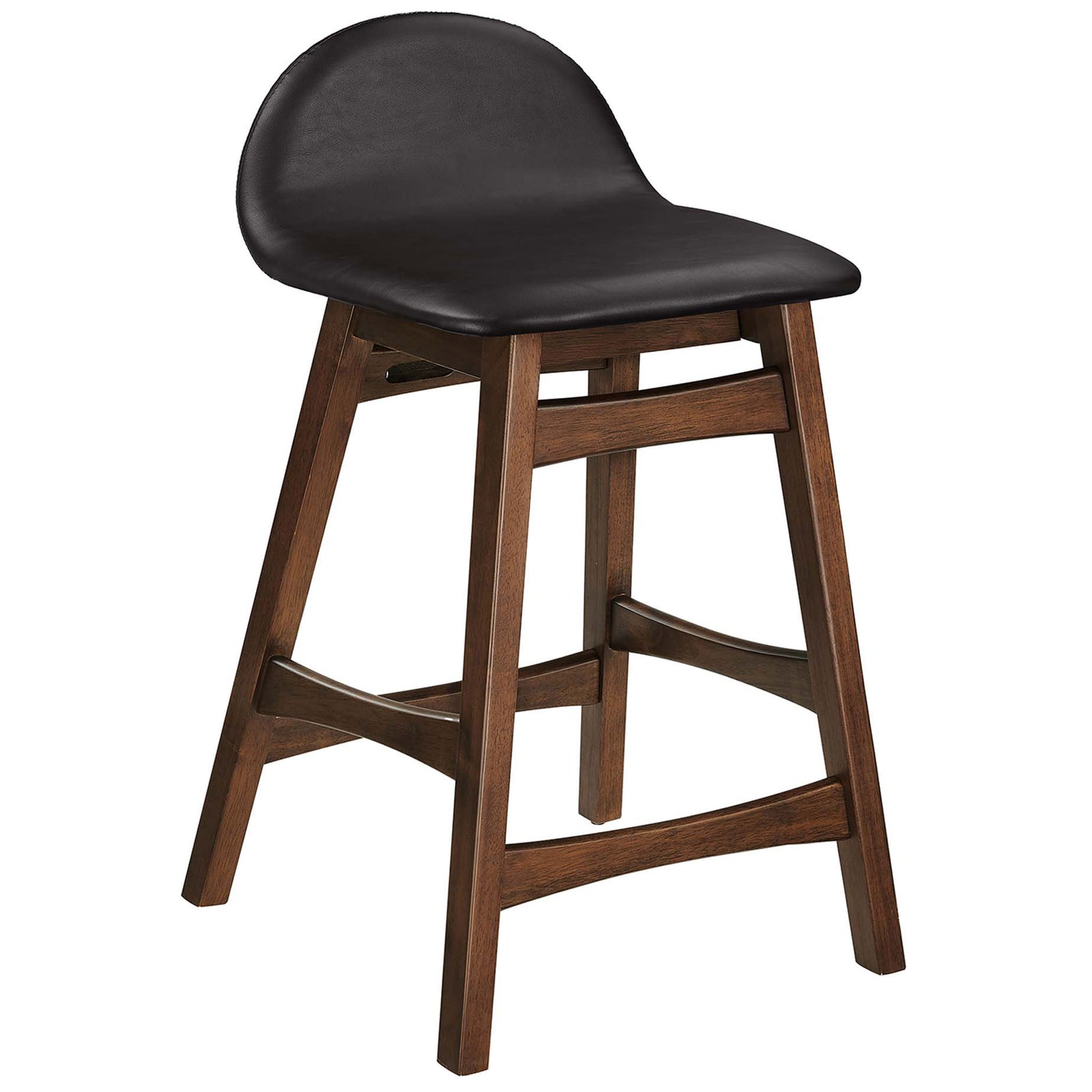 Sleek counter stool showcases contoured low back, smooth vegan leather, and warm wood frame || EEI-6556-BRN || front_angle_studio