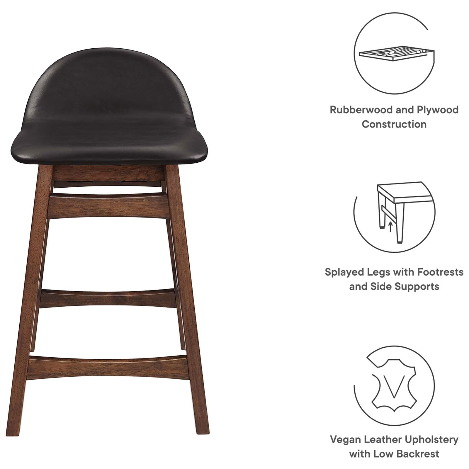Key features: rubberwood frame, splayed legs with footrests, and low-back vegan leather seat || EEI-6556-BRN || callout_studio
