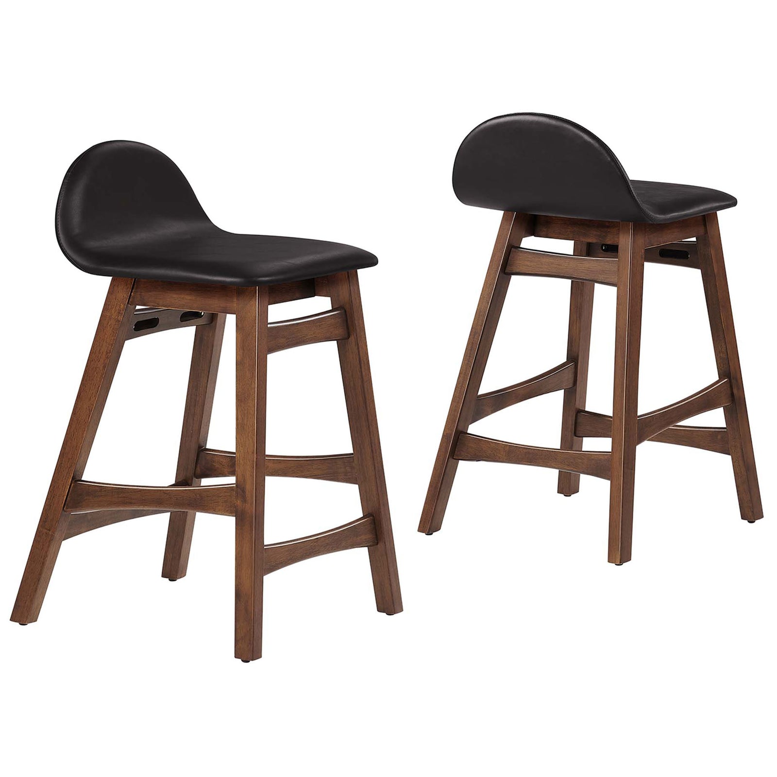 Set of two counter stools in vegan leather with low backs and footrests, perfect for kitchen islands || EEI-6556-BRN || front_angle_multi_studio