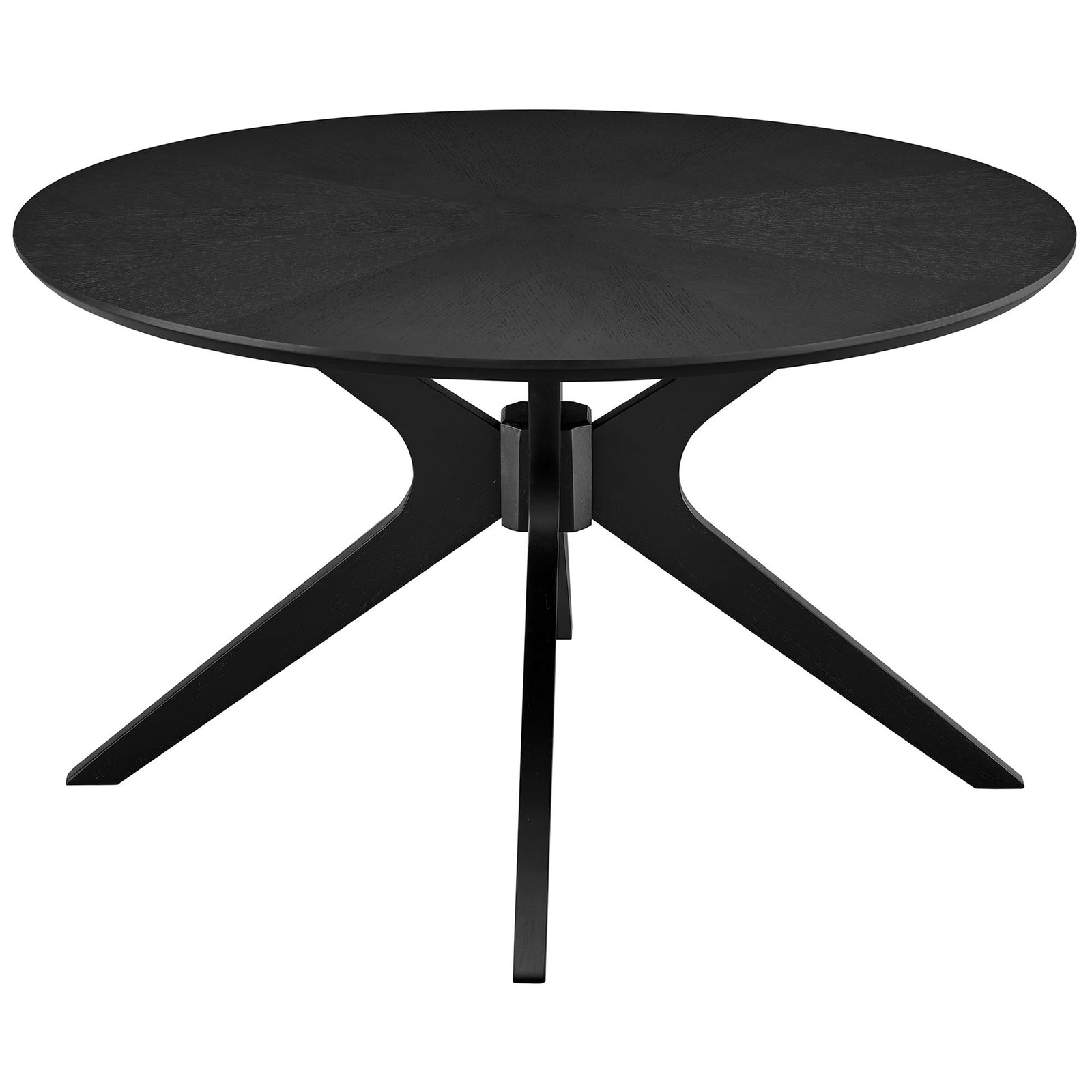 Round black coffee table with ash veneer top and sculptural intersecting wood legs for mid-century flair || EEI-6557-BLK || front_studio
