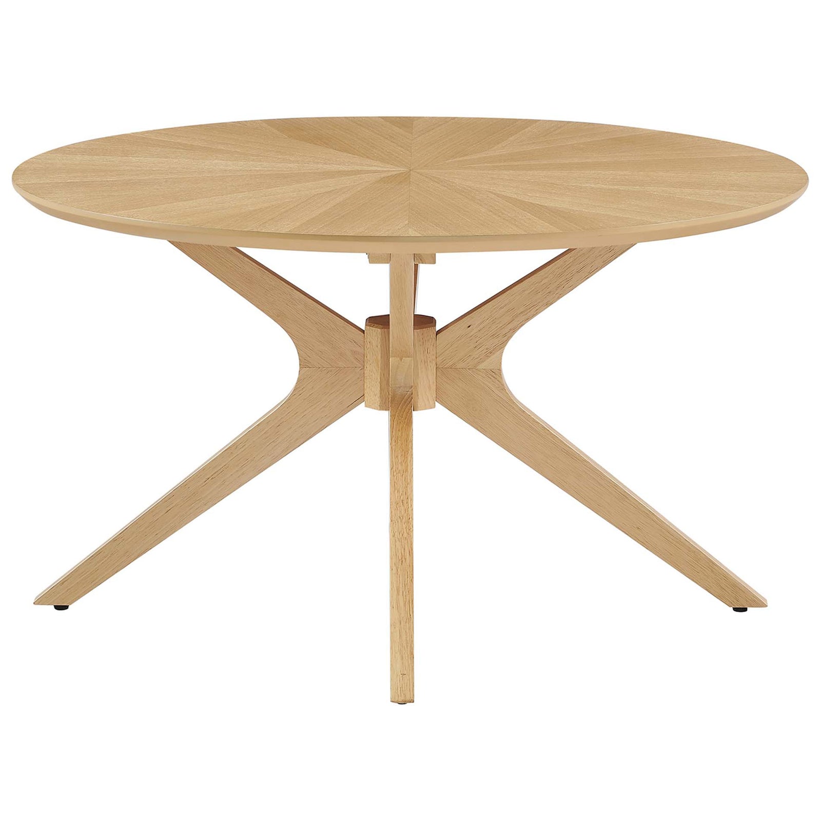 Round coffee table in warm oak finish with a sturdy cross-leg base and smooth, low-profile edge || EEI-6557-OAK || front_studio