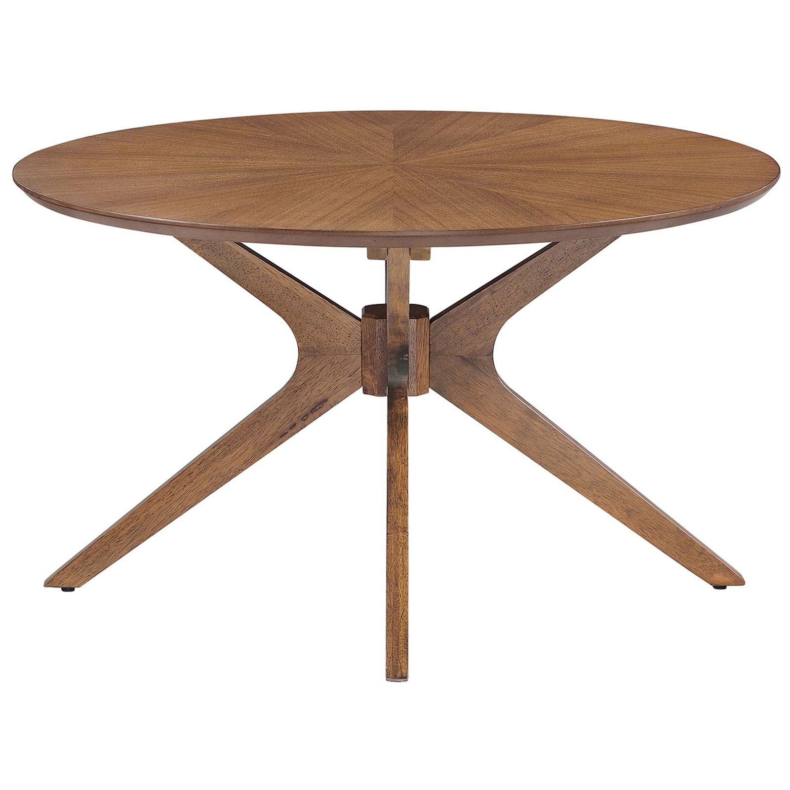 Mid-century round coffee table in walnut finish with sculptural cross-leg base and smooth veneer top. || EEI-6557-WAL || front_studio