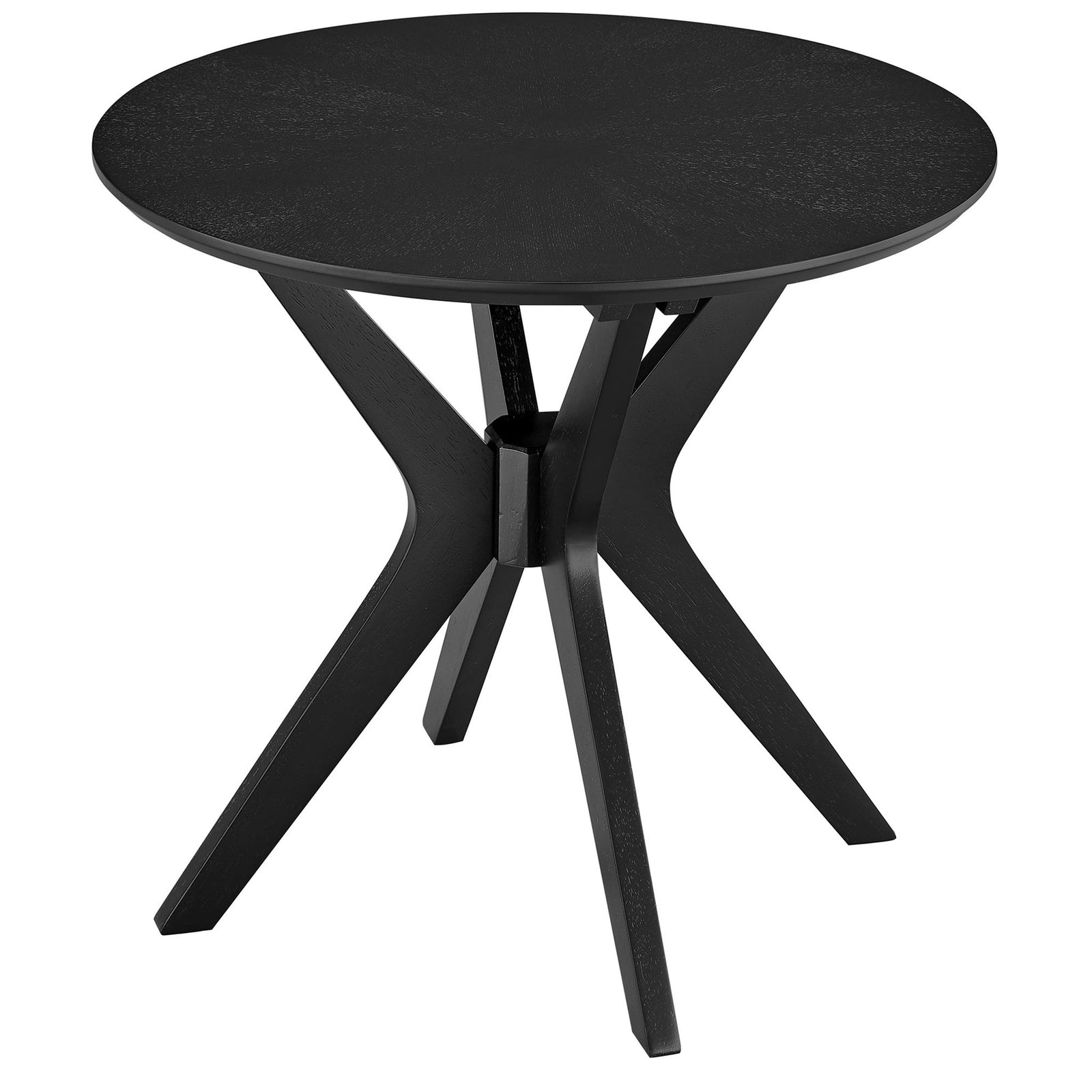 Black round side table with intersecting wood legs and smooth veneer top for modern living spaces || EEI-6558-BLK || front_angle_studio