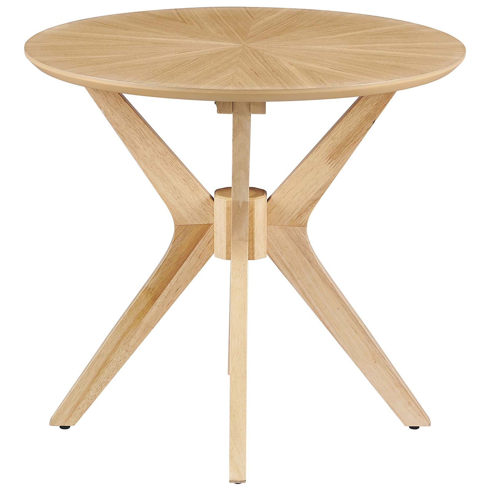 Round oak side table with intersecting tripod base and smooth sunburst wood veneer top. || EEI-6558-OAK || front_studio