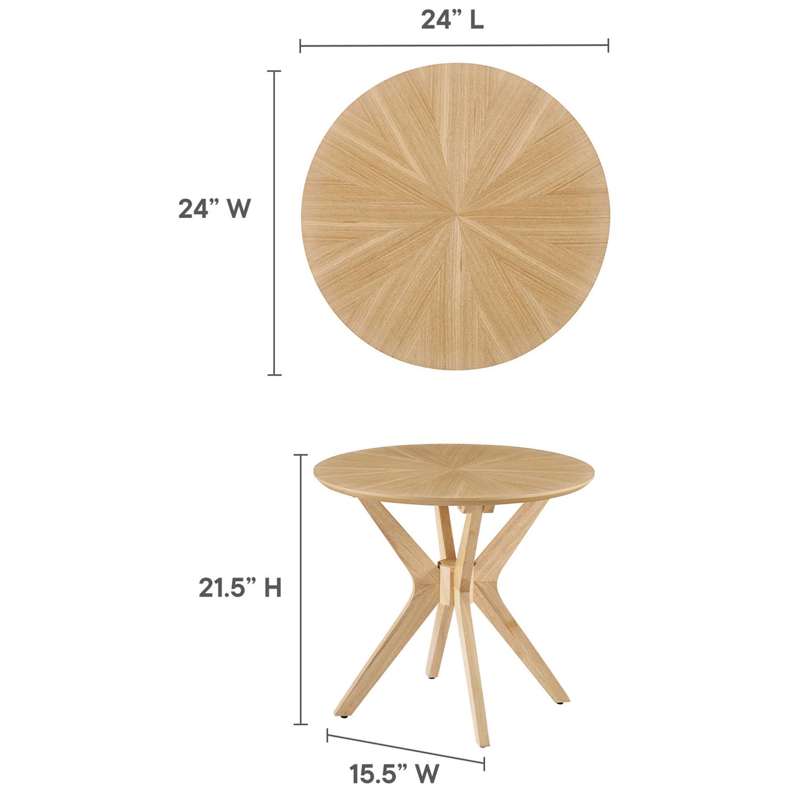 Round oak side table with clearly labeled height, width, and base measurements for easy planning. || EEI-6558-OAK || dimension_studio