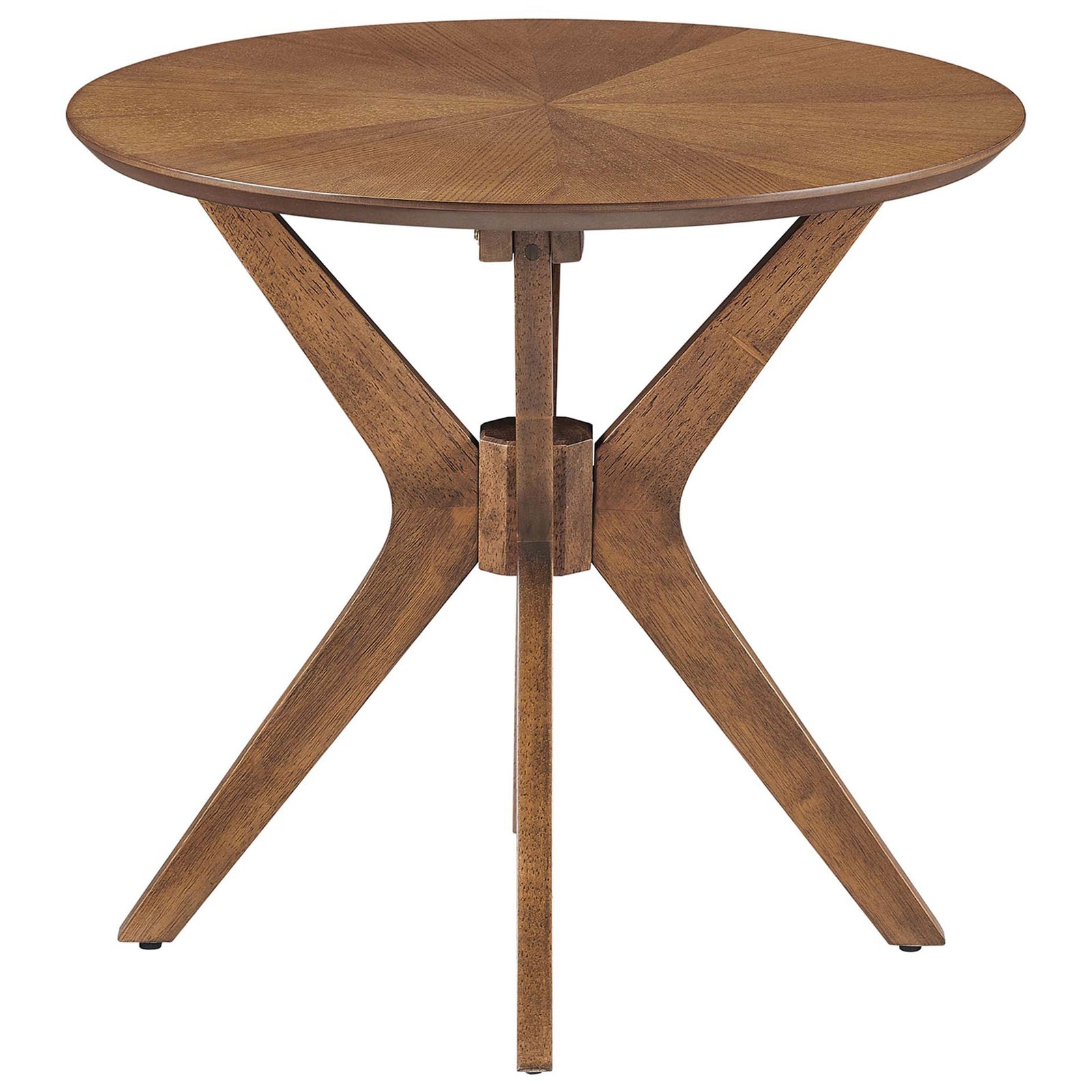 Walnut round side table showcasing a starburst veneer top and sturdy tripod base || EEI-6558-WAL || front_studio