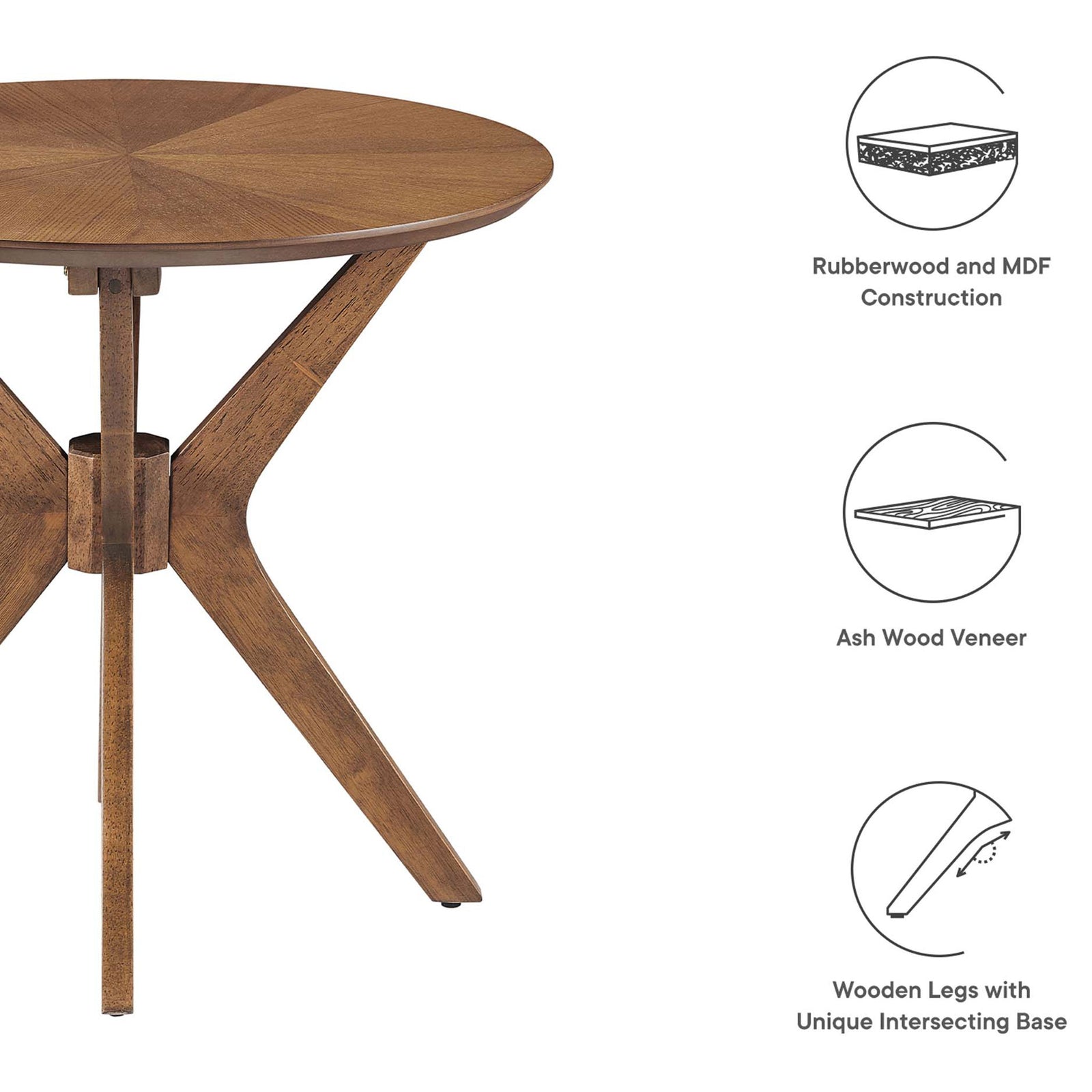 Features rubberwood and MDF construction, ash veneer top, and a unique intersecting wooden base || EEI-6558-WAL || callout_studio