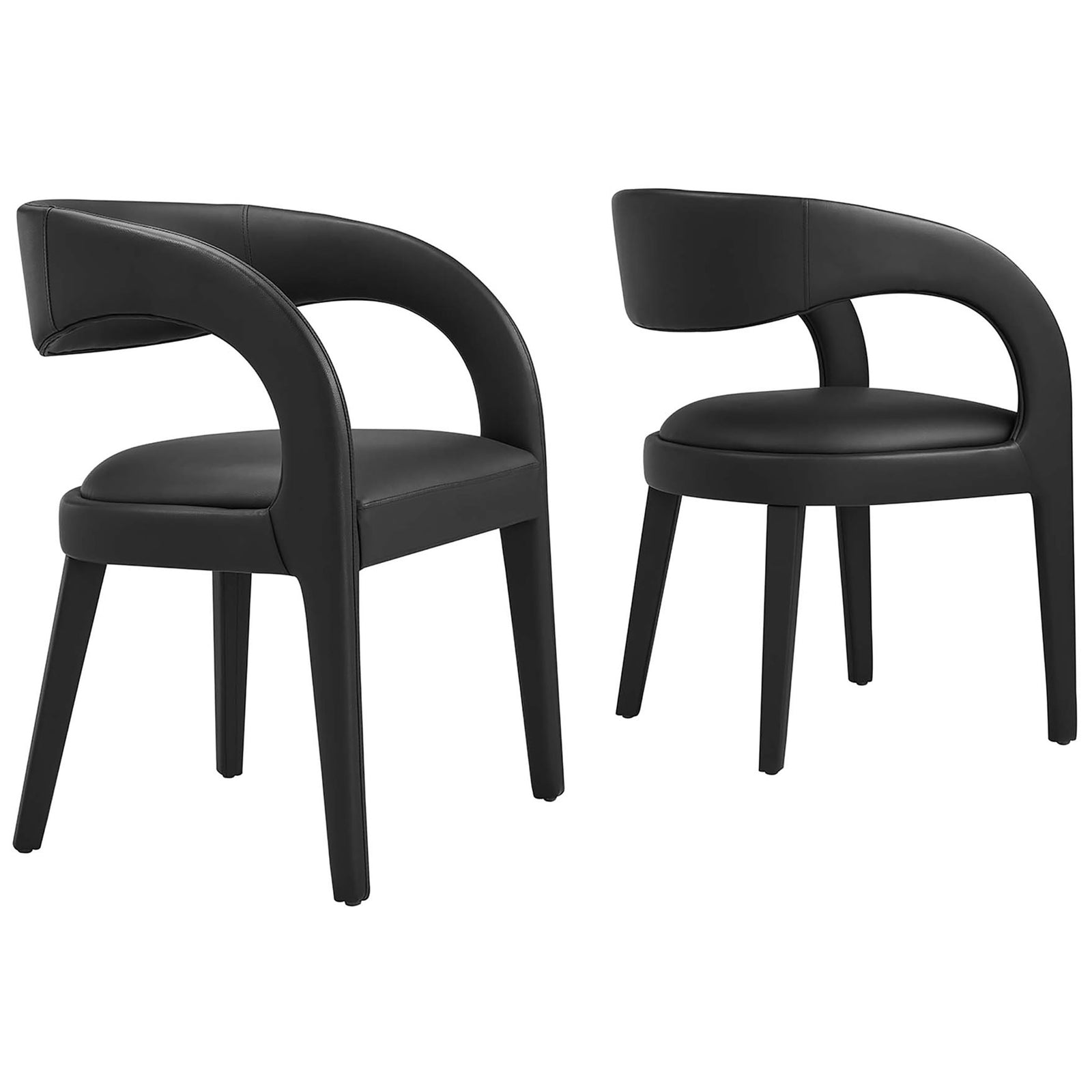 Set of two black vegan leather dining chairs with curved wraparound backs and plush padded seats || EEI-6561-BLK || front_angle_multi_studio