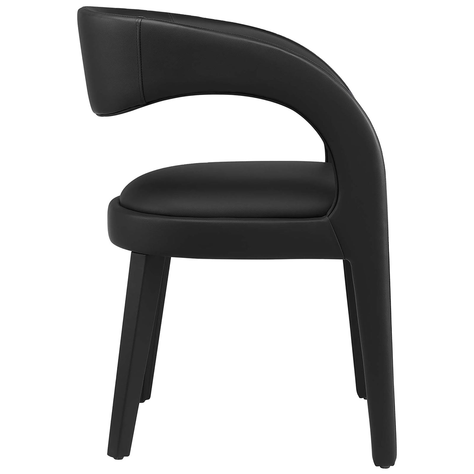 Black vegan leather dining chair with open curved back and streamlined silhouette for modern spaces || EEI-6561-BLK || side_studio