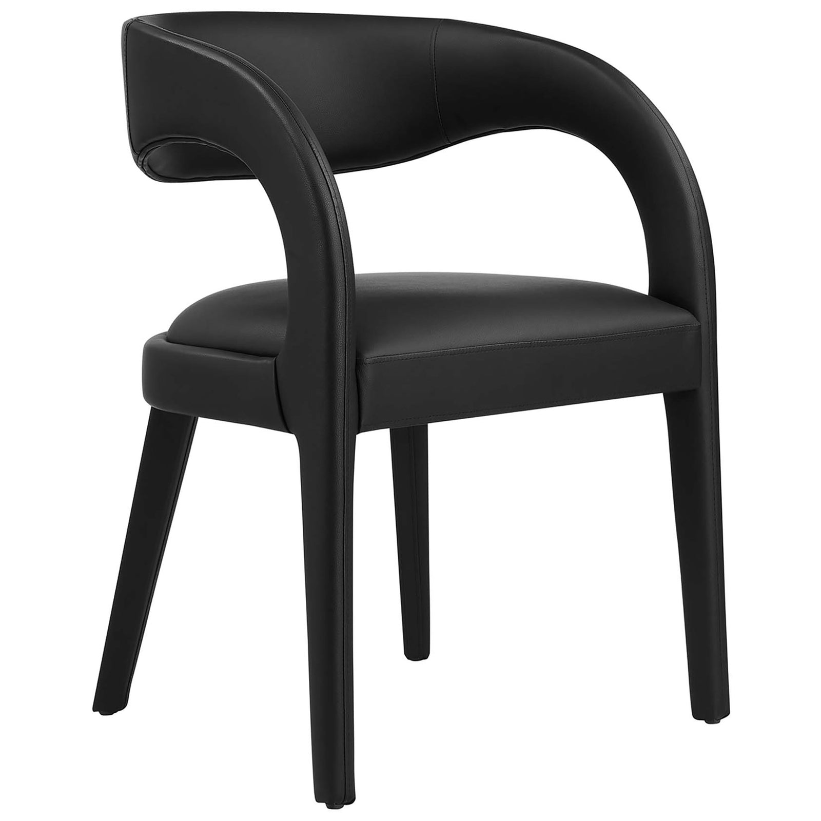Black vegan leather dining chair with open arm design and thick foam seat for lasting comfort || EEI-6561-BLK || front_angle_studio