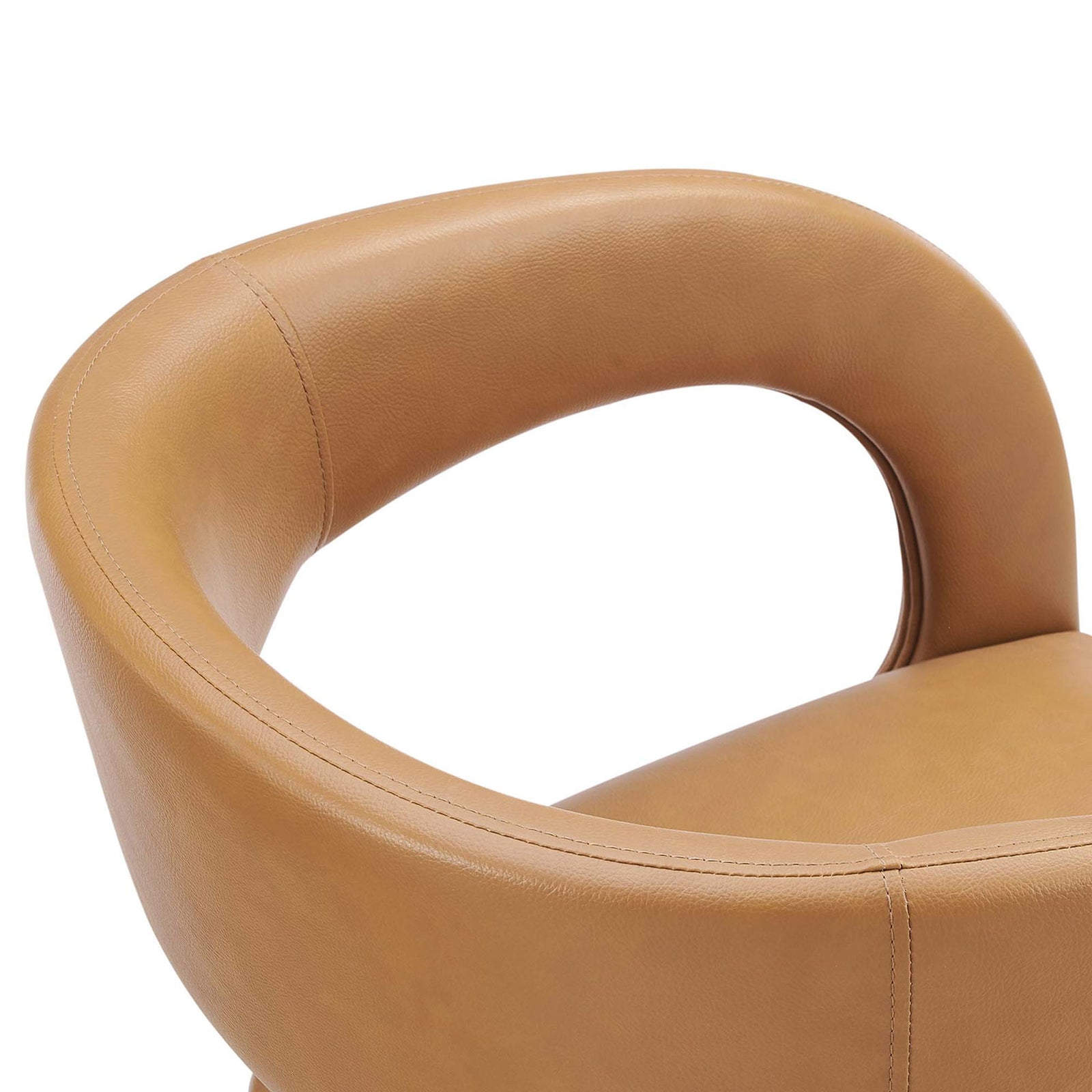 Closeup of the tan vegan leather armrest and stitching on the Pinnacle dining chair || EEI-6561-TAN || detail_studio