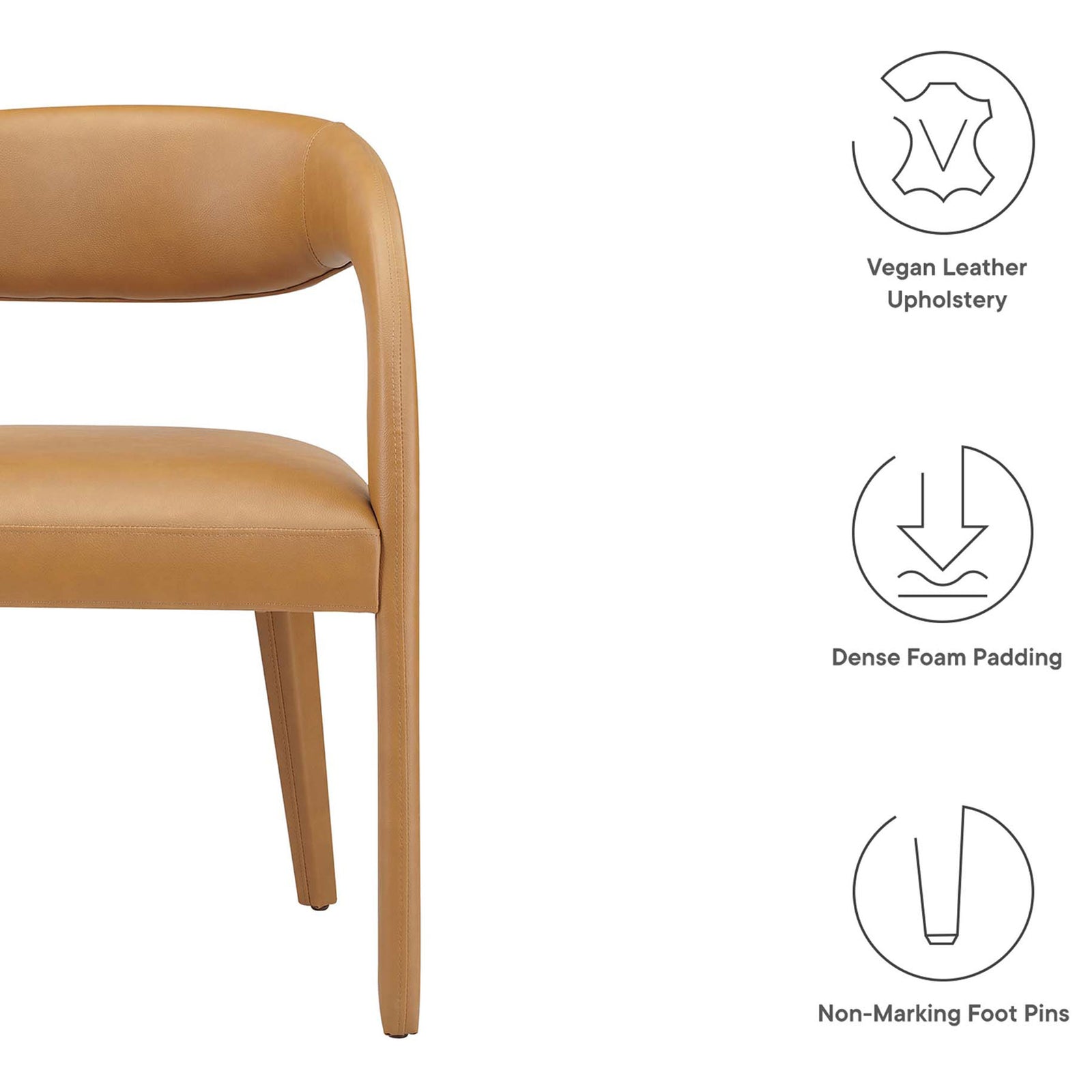 Features of the tan vegan leather Pinnacle dining chair including foam padding and floor-safe feet || EEI-6561-TAN || callout_studio