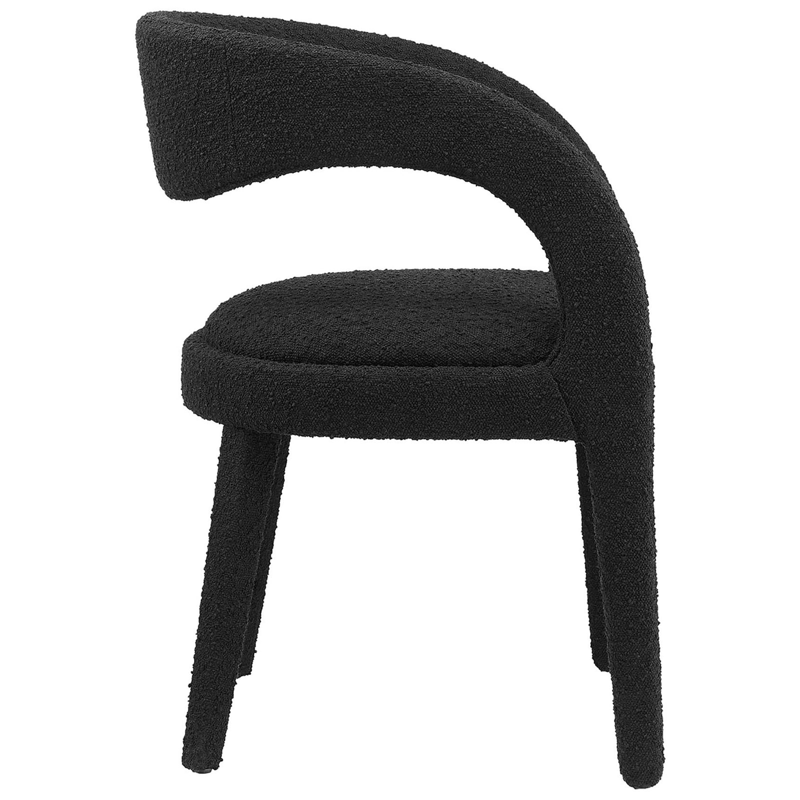 Black boucle dining chair with sculpted wraparound backrest and fully upholstered legs for a cohesive look. || EEI-6562-BLK || side_studio