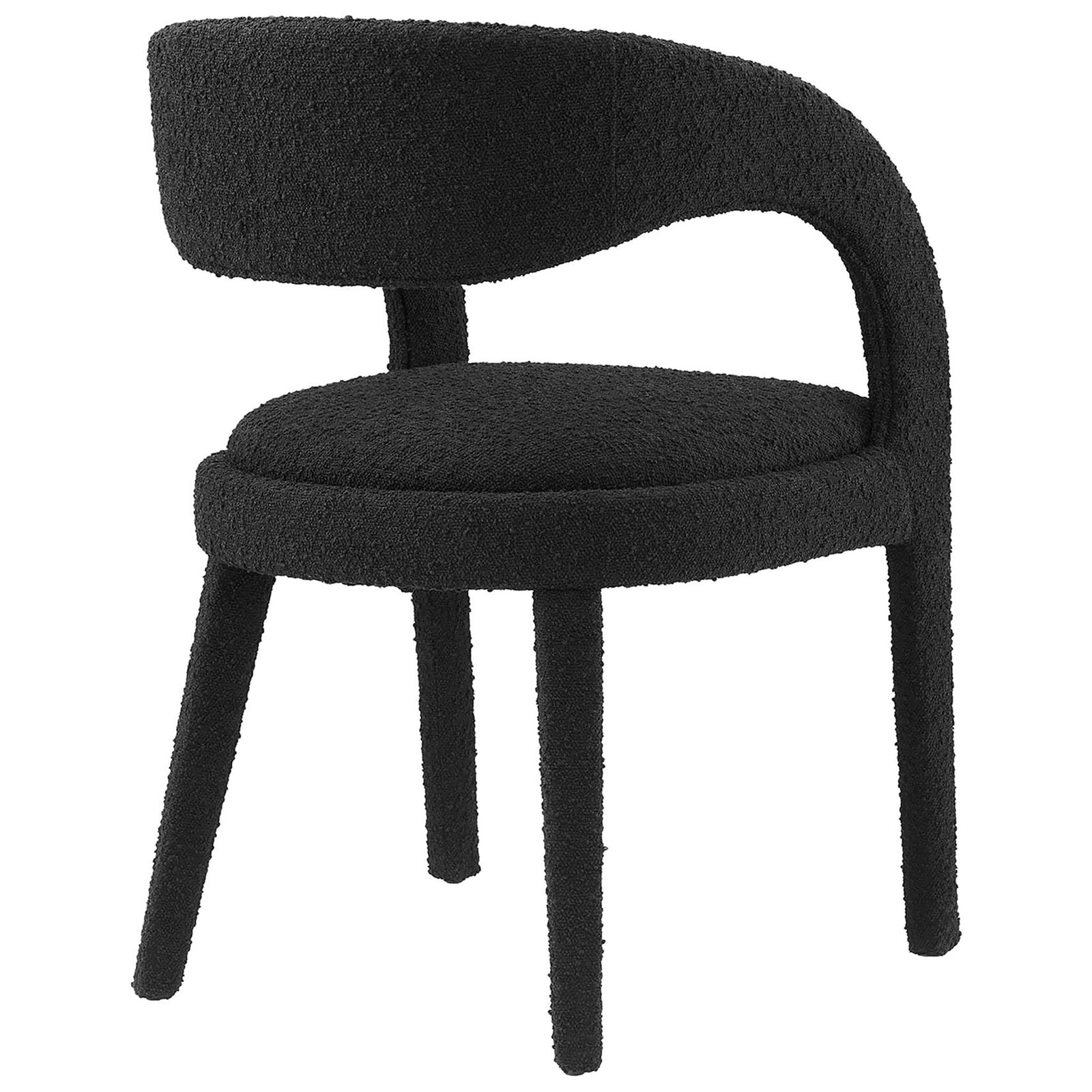 Black boucle dining chair featuring a continuous curved back and open lower frame for airy modern style. || EEI-6562-BLK || back_angle_studio