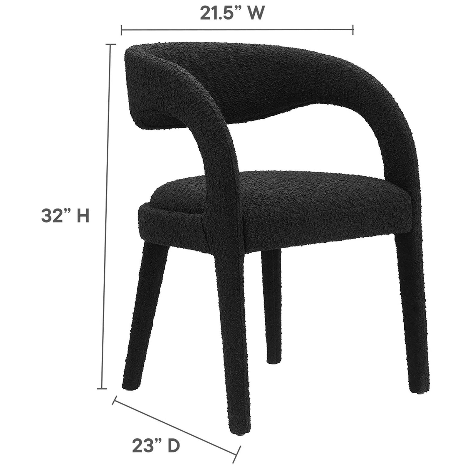 Black boucle dining chair with curved backrest, measuring 32 inches high by 21.5 inches wide by 23 inches deep. || EEI-6562-BLK || dimension_studio