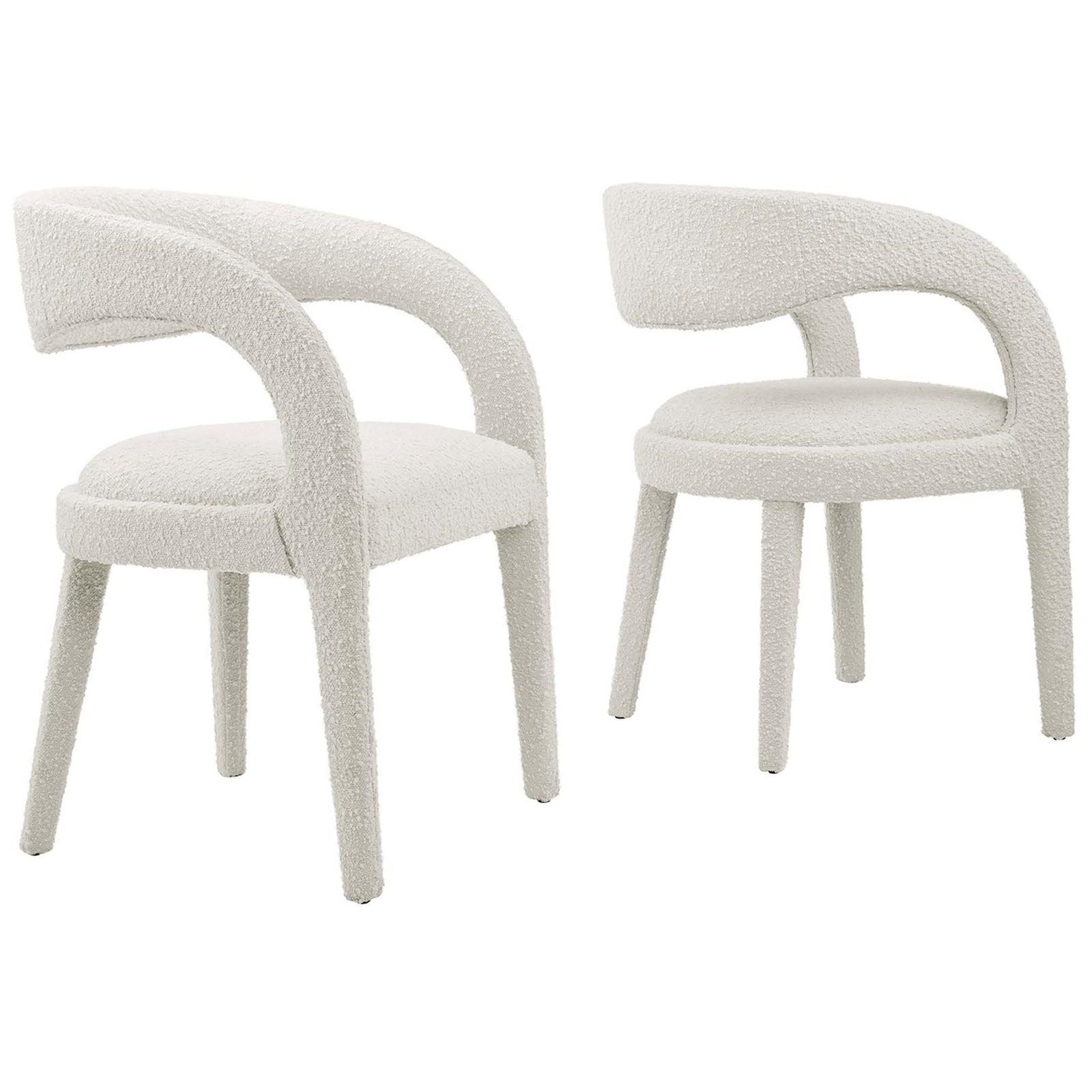 Pair of ivory boucle dining chairs with sculptural curved backs and open sides for a modern table setting. || EEI-6562-IVO || front_angle_multi_studio