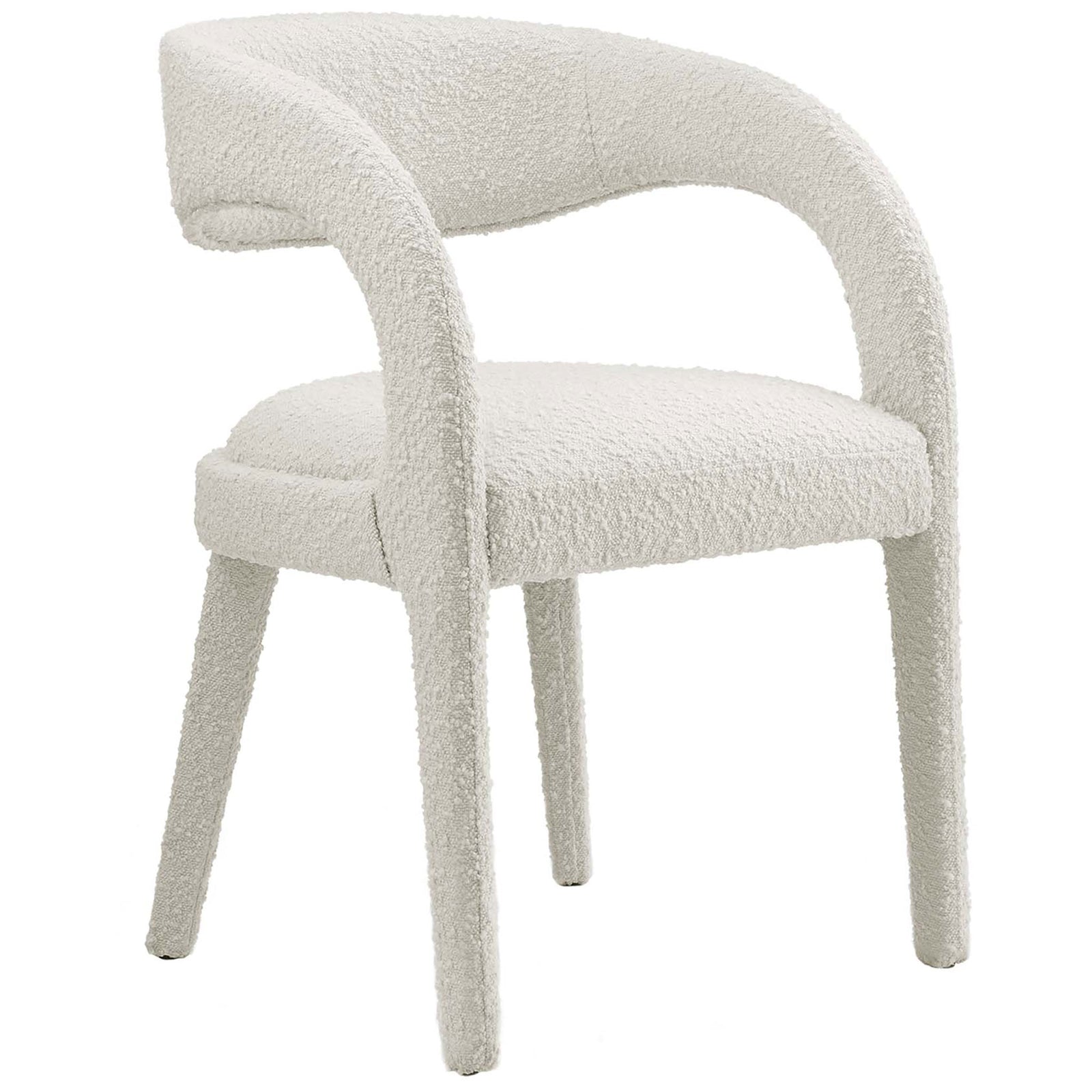 Ivory boucle dining chair featuring smooth curves and a comfortably padded, round seat. || EEI-6562-IVO || front_angle_studio