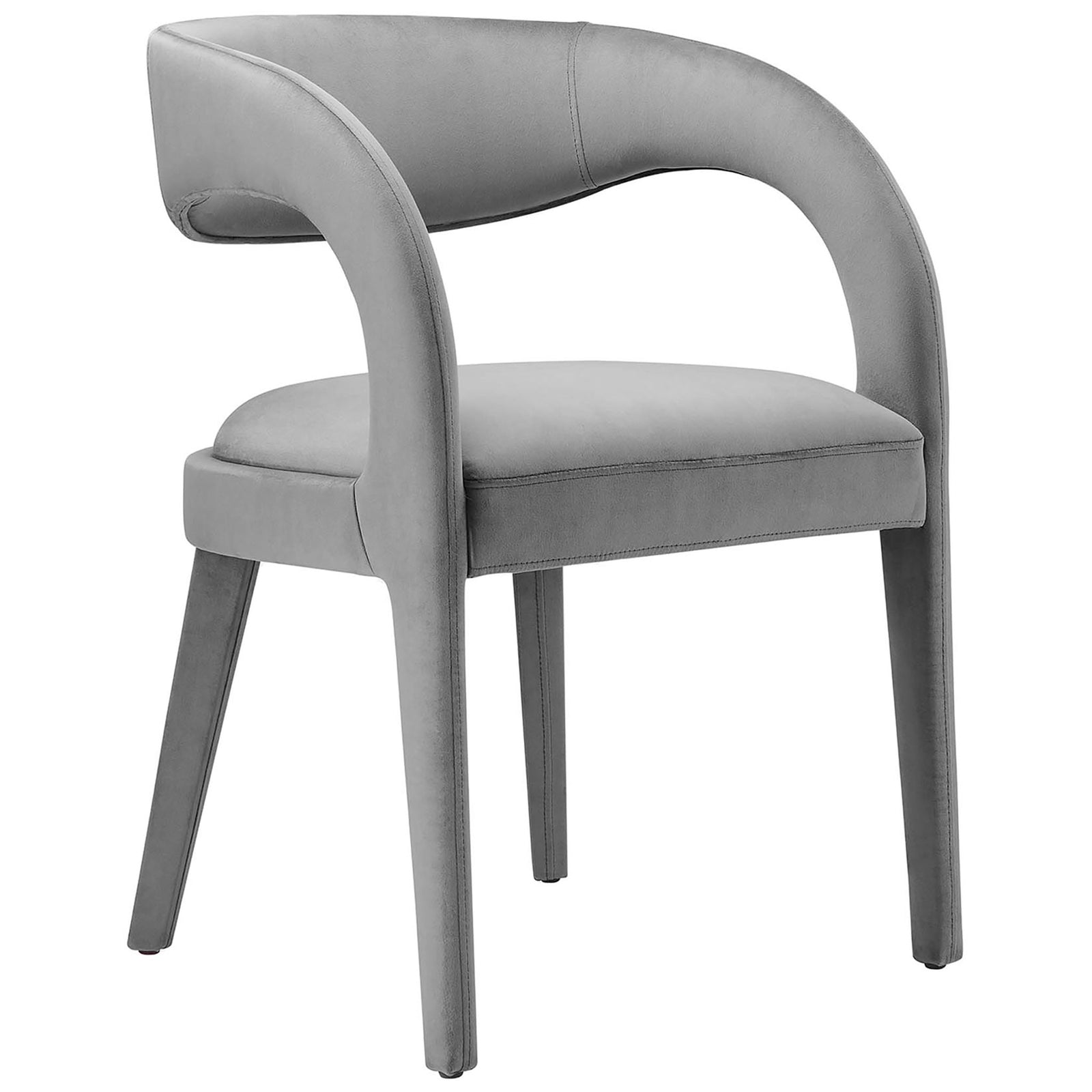 Gray velvet dining chair with sweeping open sides and plush cushioned seat for a sculptural modern accent || EEI-6563-GRY || front_angle_studio