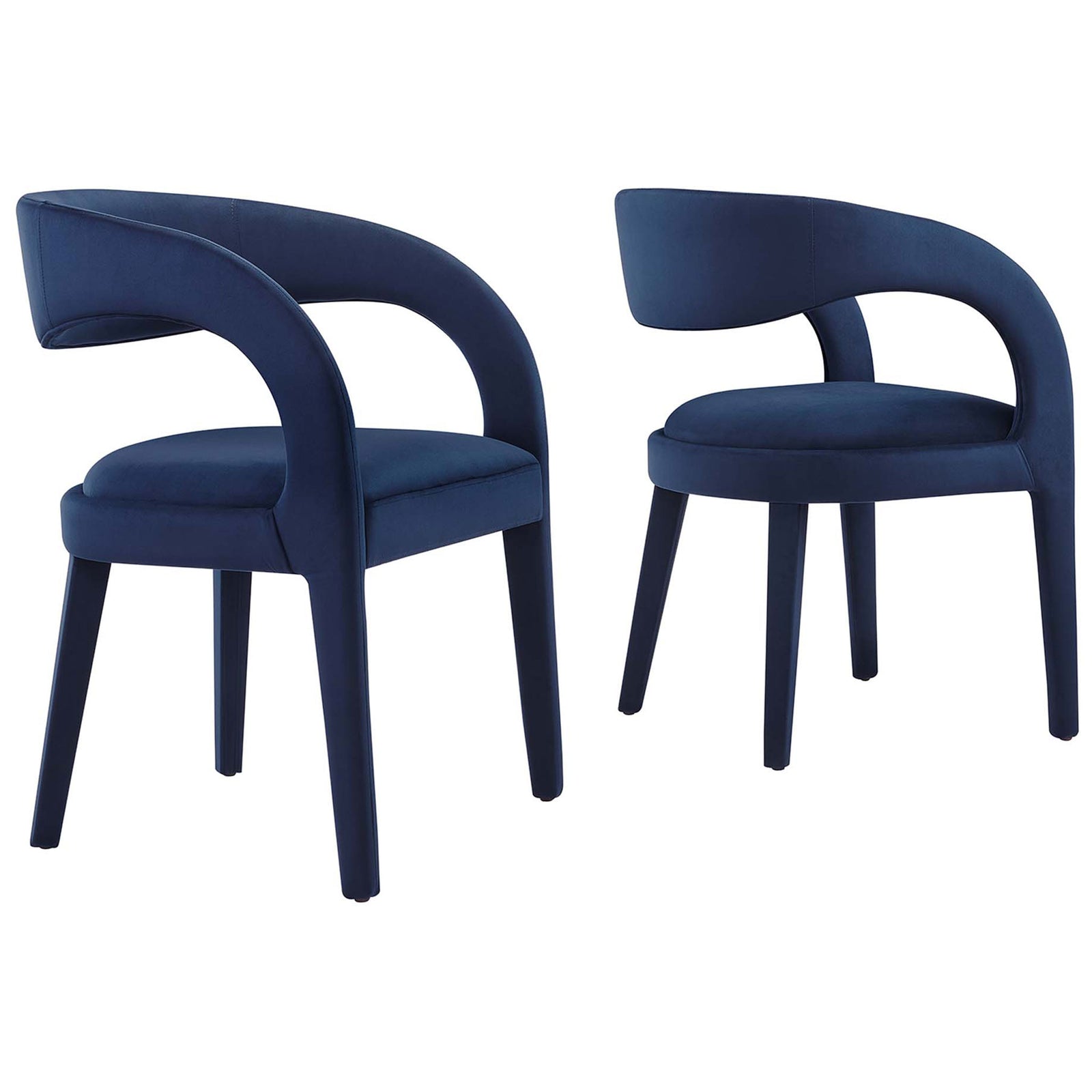 Pair of midnight blue velvet dining chairs with sculpted open backs and cushioned seats for modern comfort || EEI-6563-MID || front_angle_multi_studio