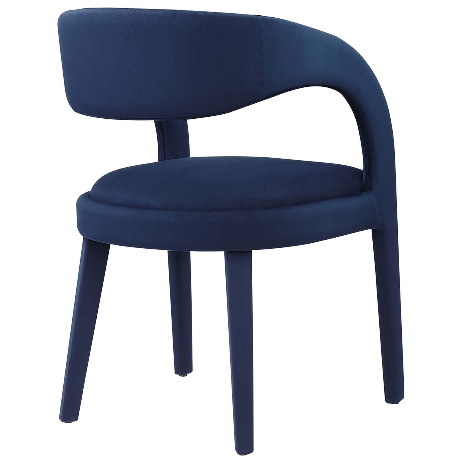 Curved wraparound back of the midnight blue velvet dining chair for supportive, enveloping seating || EEI-6563-MID || back_angle_studio