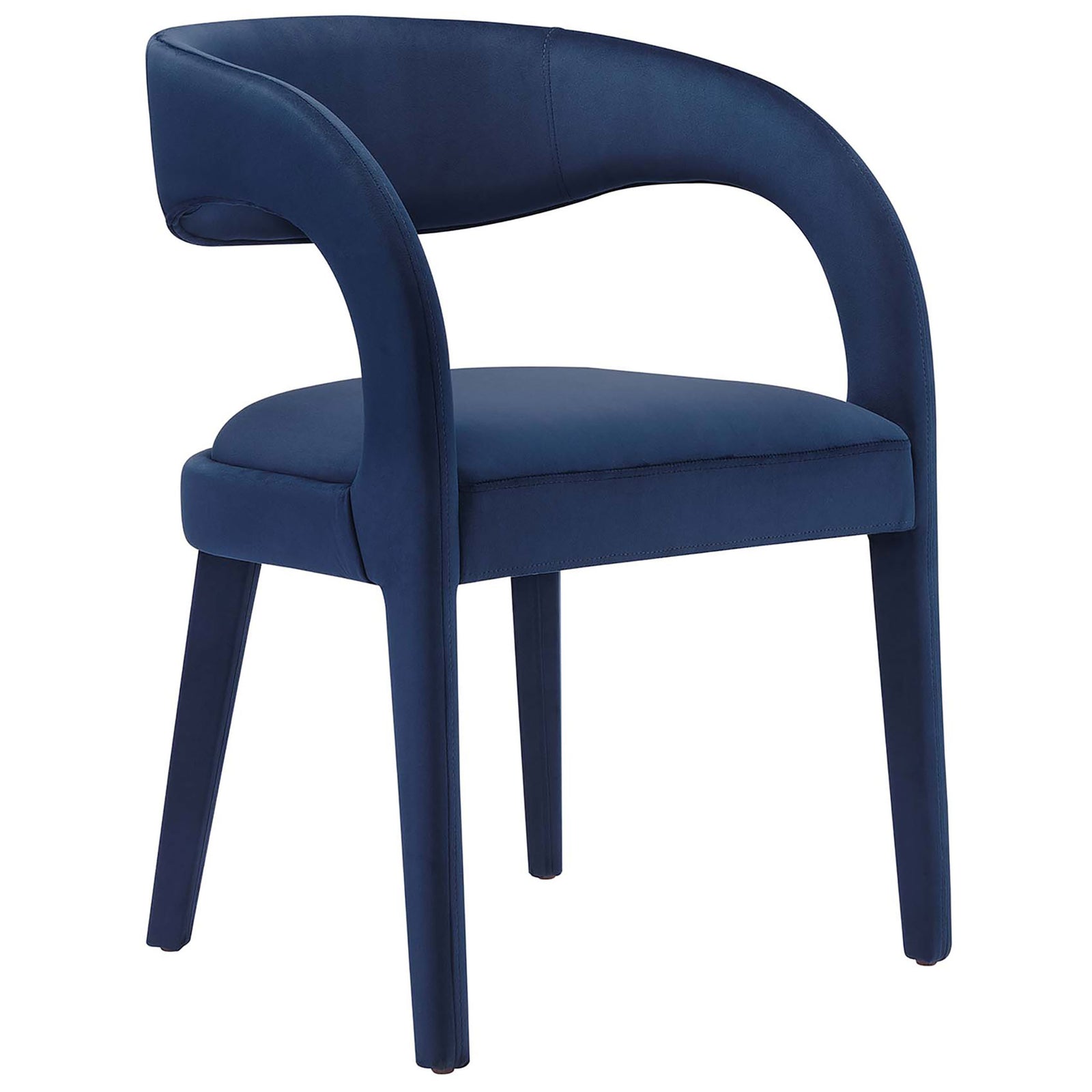 Midnight blue velvet dining chair with sleek open silhouette that lends sculptural style to the table || EEI-6563-MID || front_angle_studio