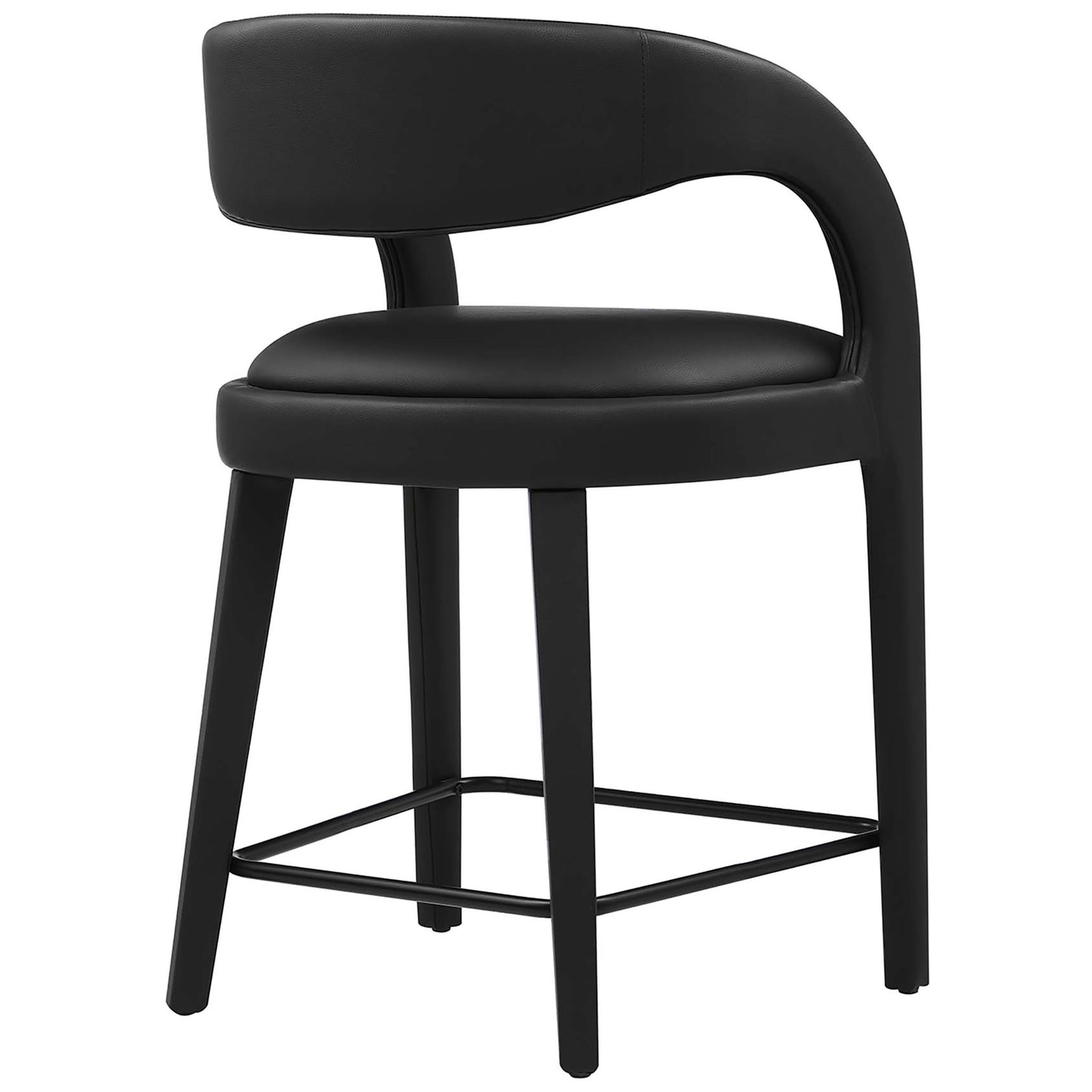 Open-back counter stool with gracefully curved back and seamless vegan leather upholstery || EEI-6564-BLK-BLK || back_angle_studio