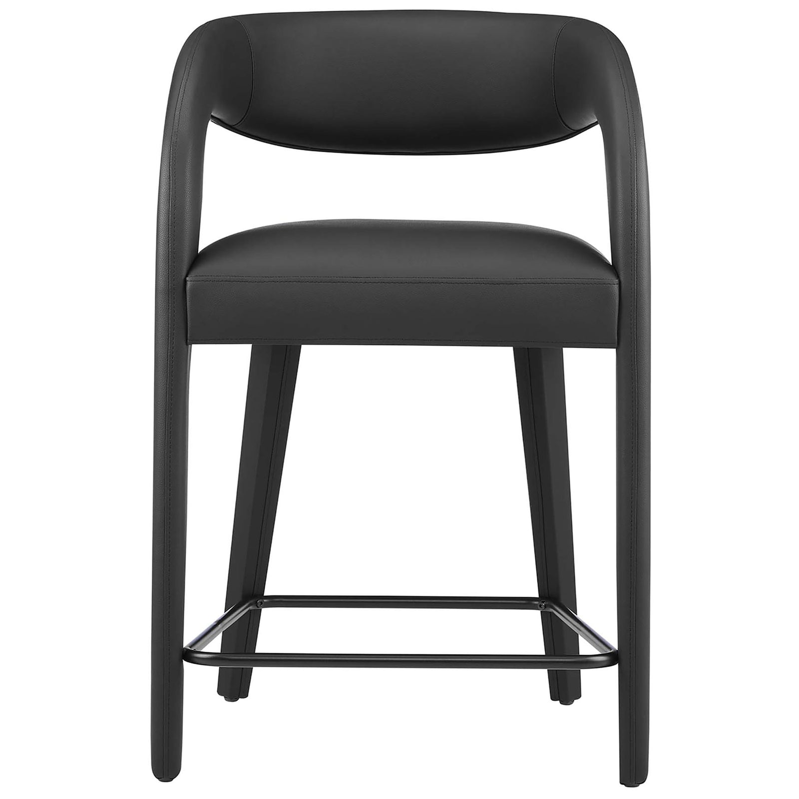 Curved open-back counter stool in smooth black vegan leather with padded seat and metal footrest || EEI-6564-BLK-BLK || front_studio