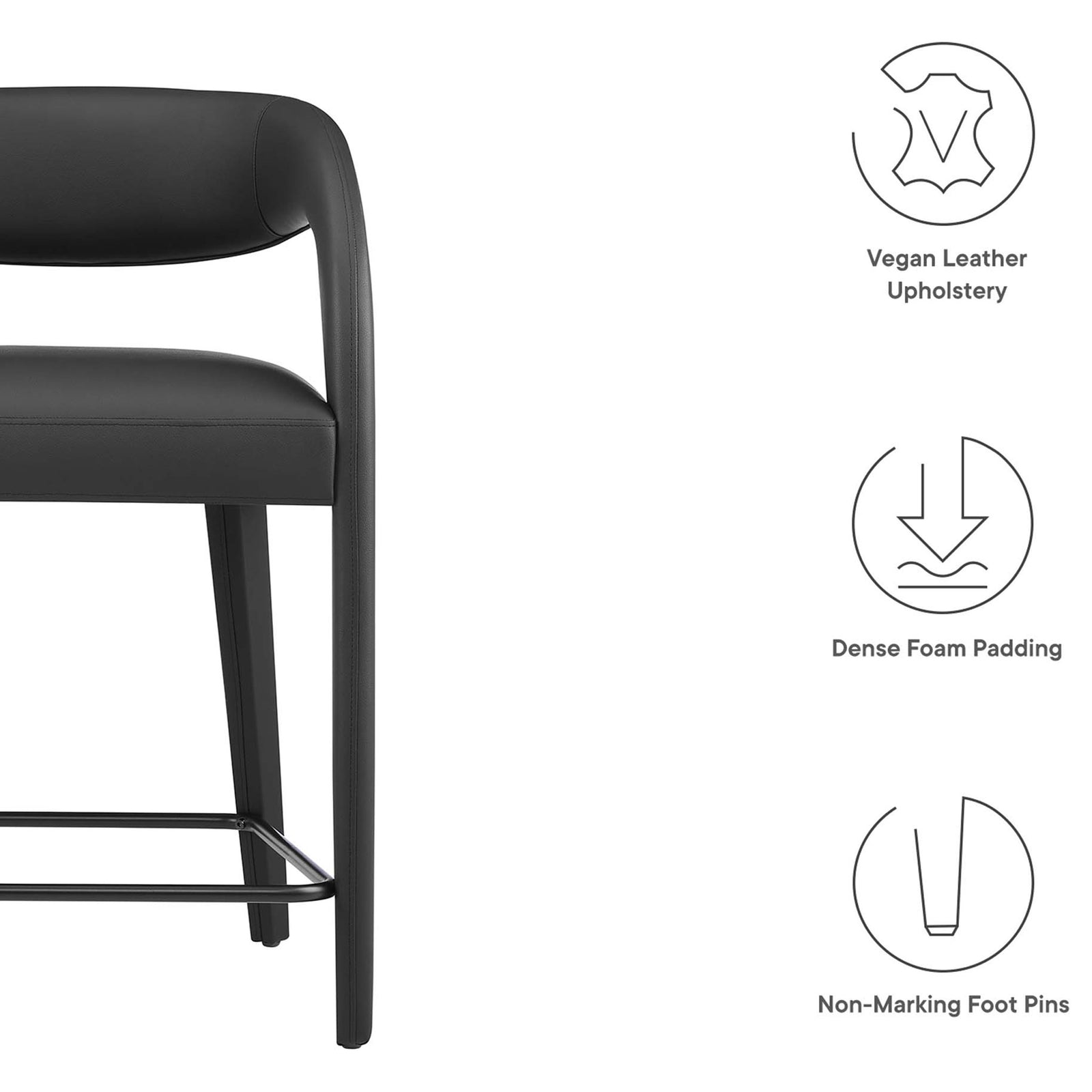 Vegan leather counter stool featuring dense foam padding and non-marking foot pins || EEI-6564-BLK-BLK || callout_studio
