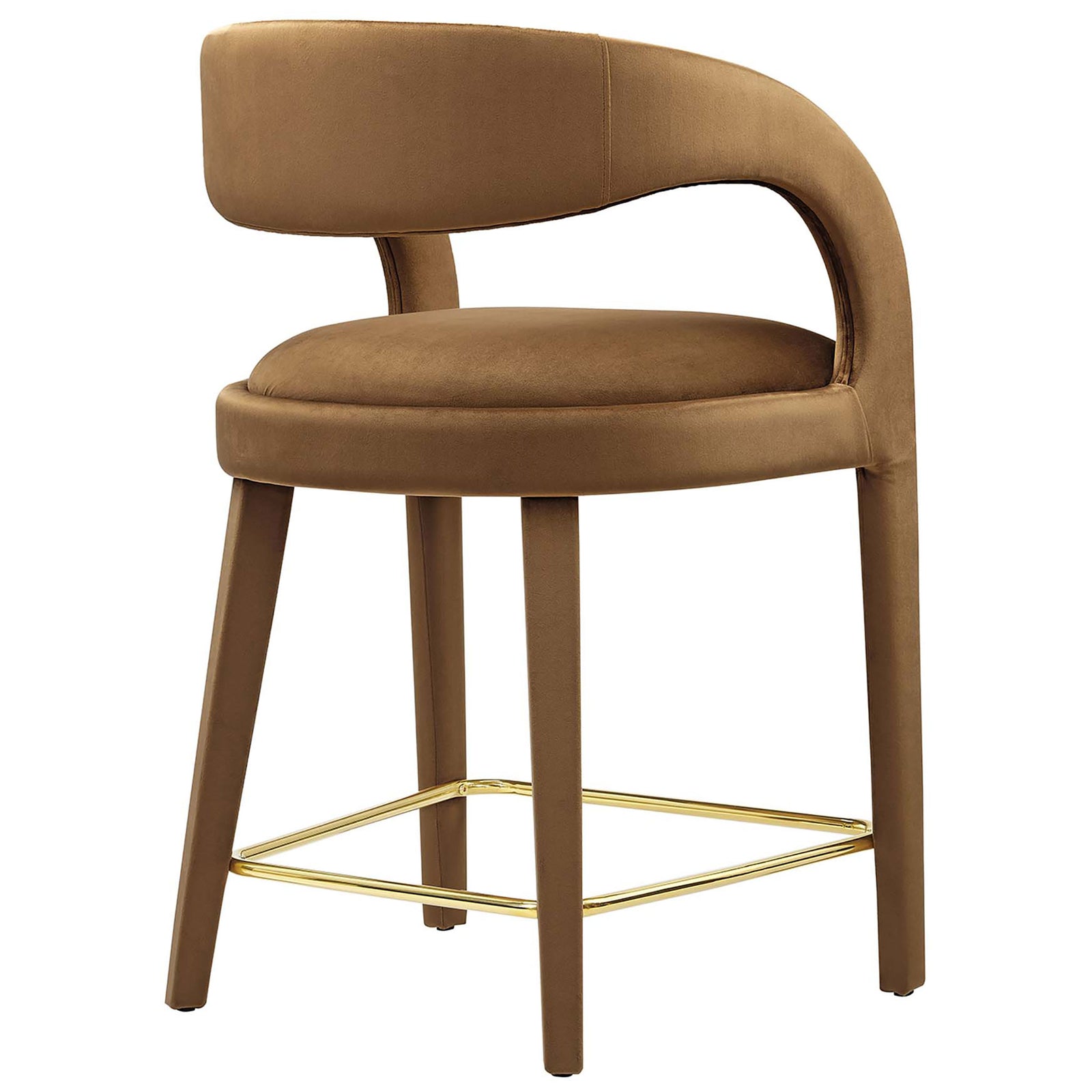 Counter stool showcases smooth velvet and an airy open back with luxe gold footrest rails || EEI-6566-BRN-GLD || back_angle_studio