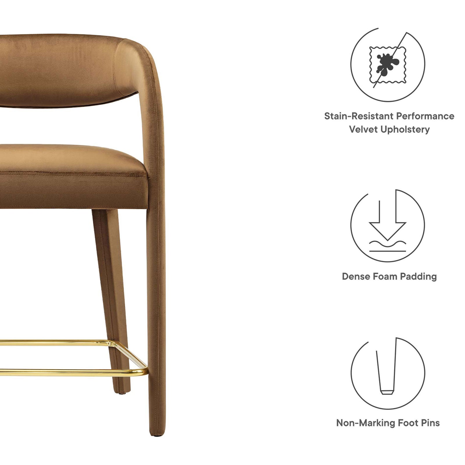 Stain-resistant velvet, dense foam cushioning, and non-marking foot pins protect floors || EEI-6566-BRN-GLD || callout_studio