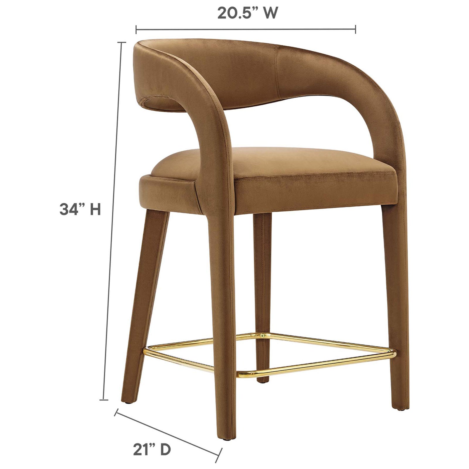 Dimensions: 20.5 in W x 21 in D x 34 in H for the counter stool || EEI-6566-BRN-GLD || dimension_studio
