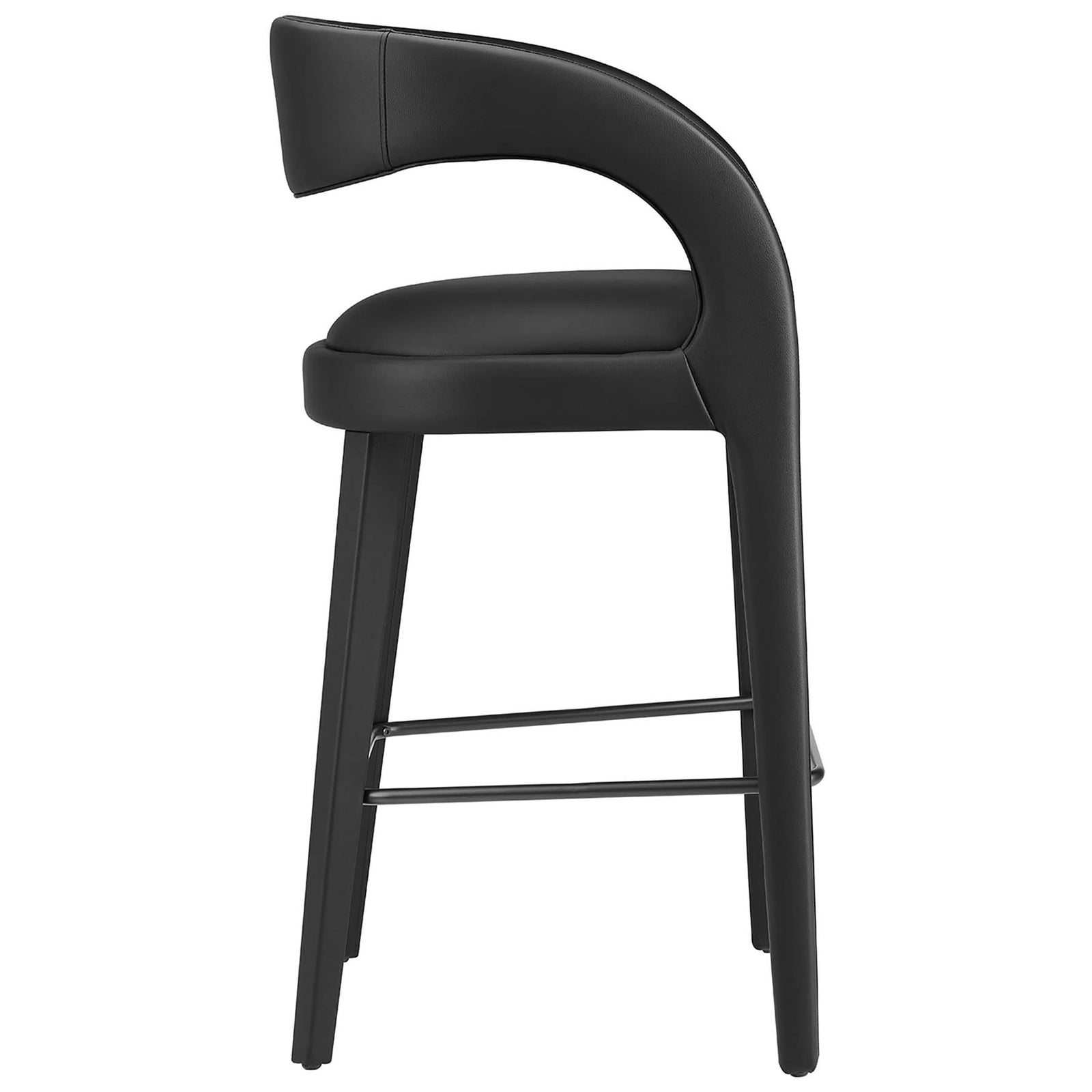 Sculpted bar stool profile with deep cushioning and slim tapered legs || EEI-6567-BLK-BLK || side_studio