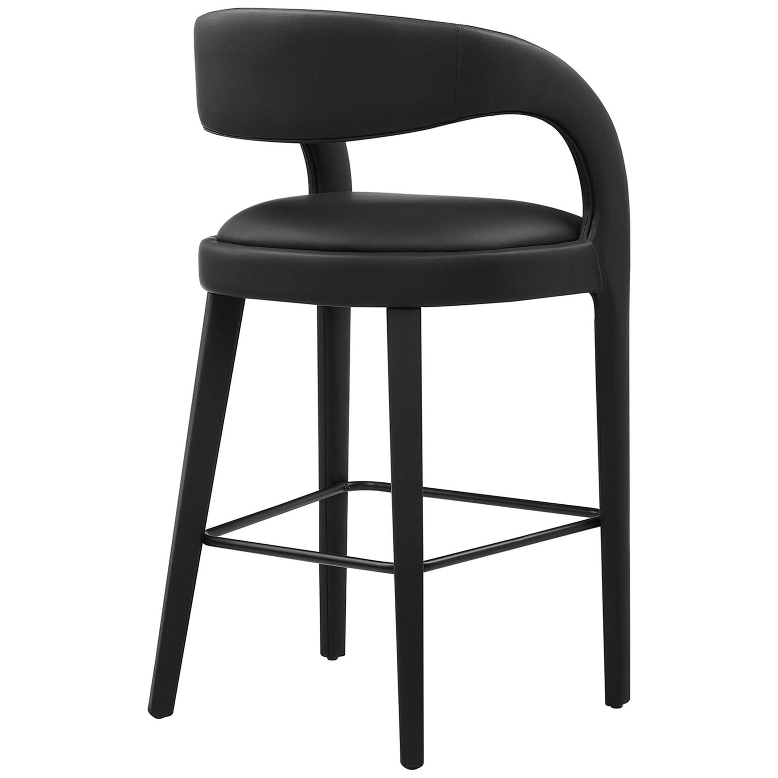 Open-back bar stool with gracefully curved back and seamless vegan leather upholstery || EEI-6567-BLK-BLK || back_angle_studio
