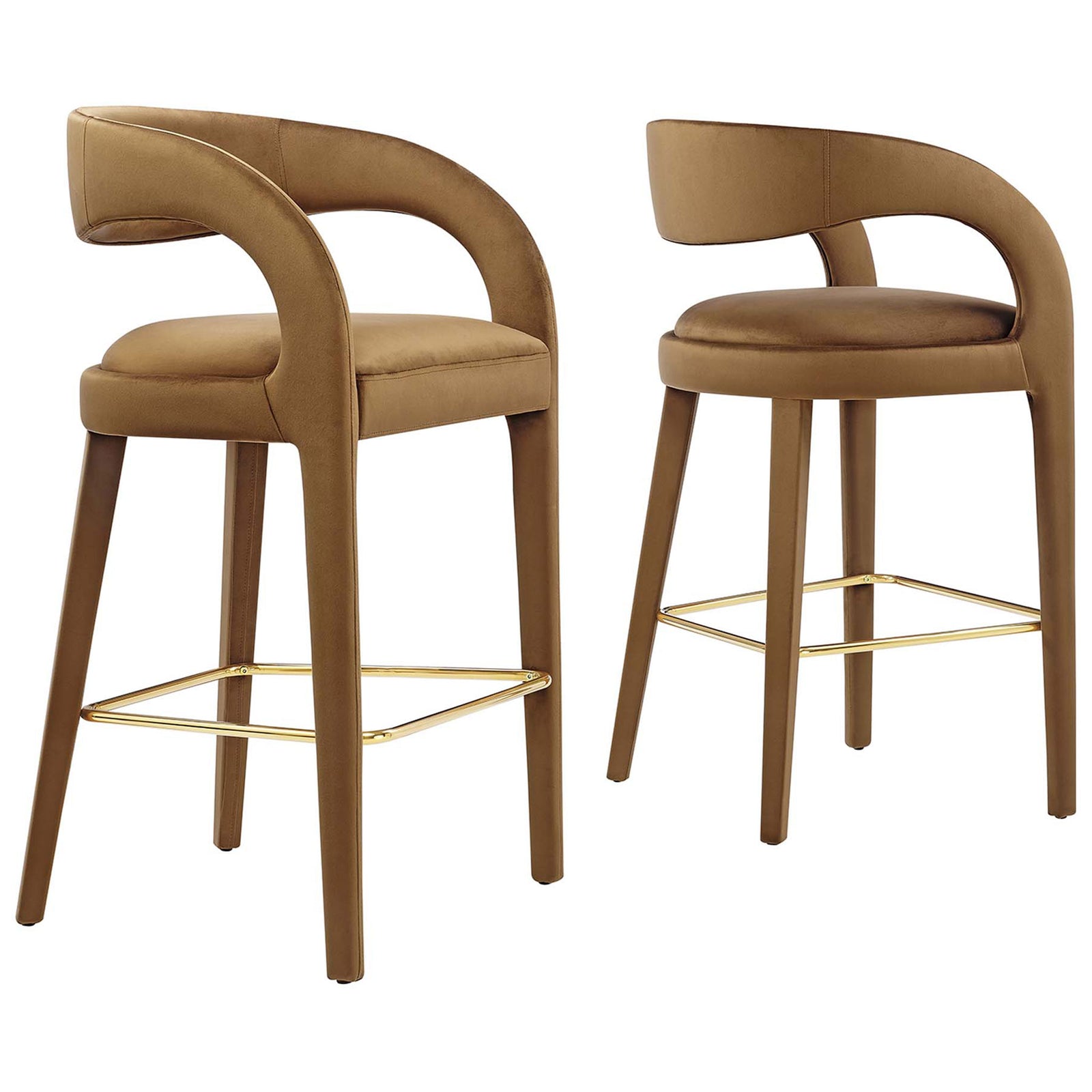 Set of two bar stools with open-back curves, plush velvet seats, and a gleaming gold footrest || EEI-6569-BRN-GLD || front_angle_multi_studio