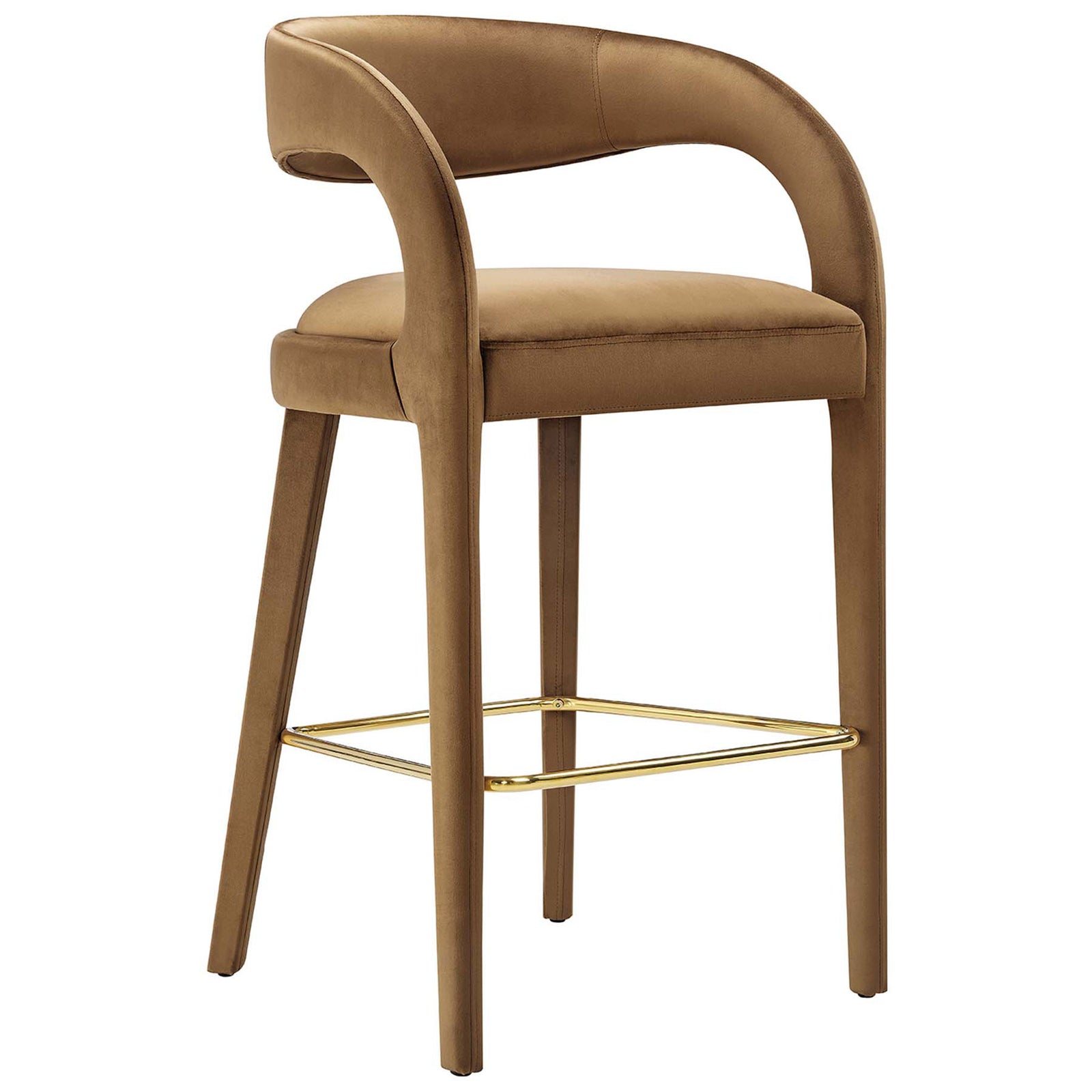 Elegant bar stool with an open crescent back, plush cushioning, and gold footrest || EEI-6569-BRN-GLD || front_angle_studio