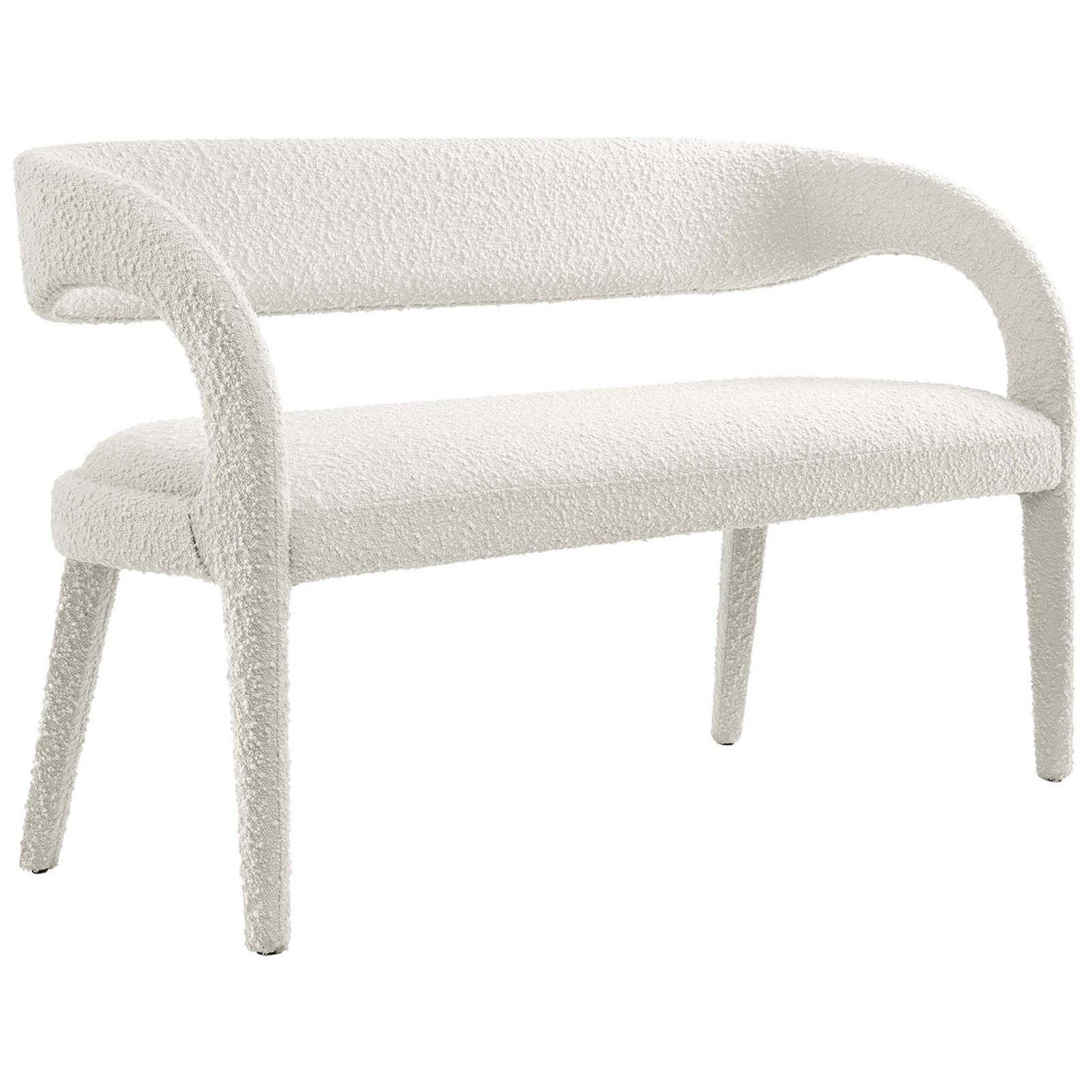 Ivory boucle bench with curved wraparound back and open sides for airy, modern style. || EEI-6571-IVO || front_angle_studio