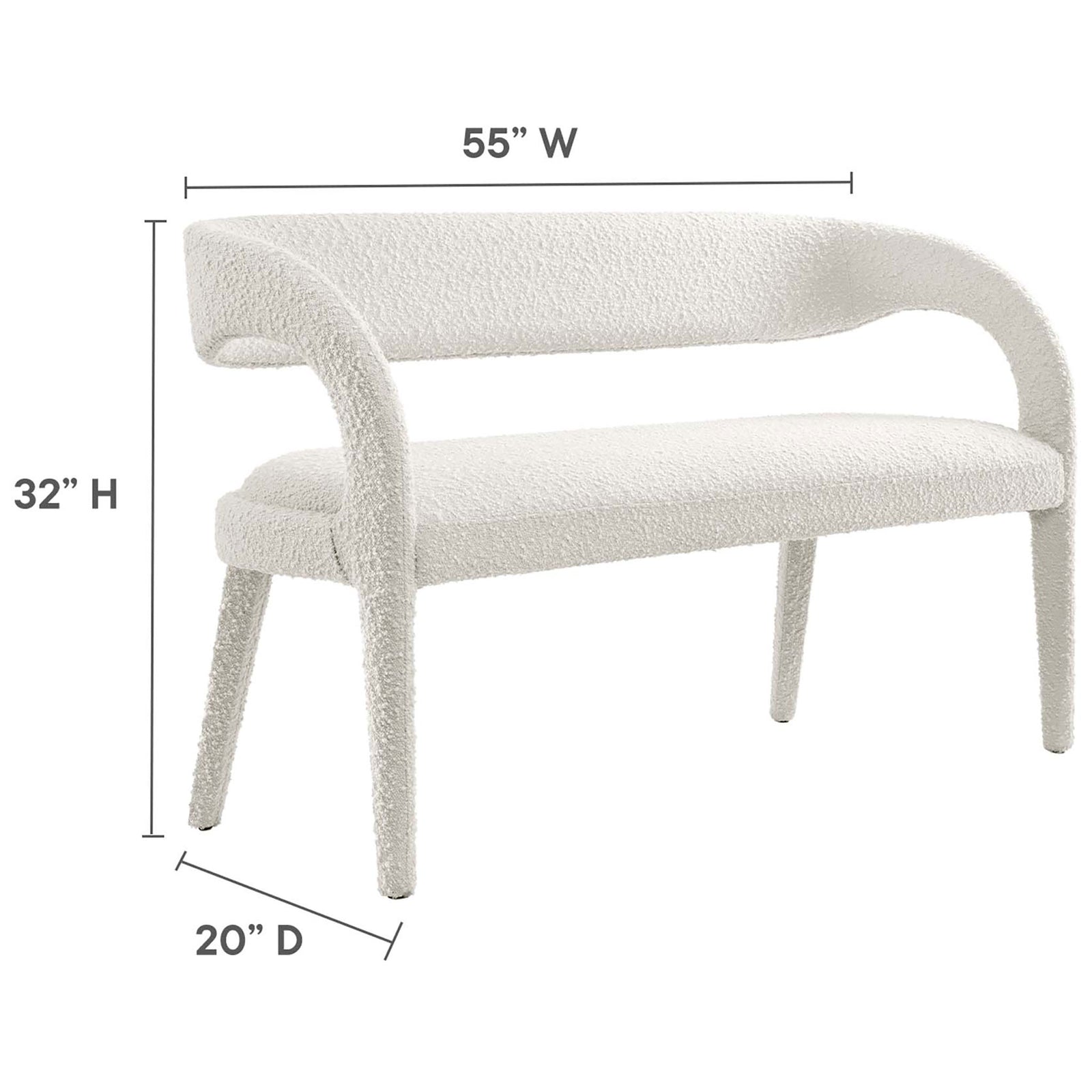Bench measures 55 inches wide, 20 inches deep, and 32 inches high to fit dining or entry spaces. || EEI-6571-IVO || dimension_studio