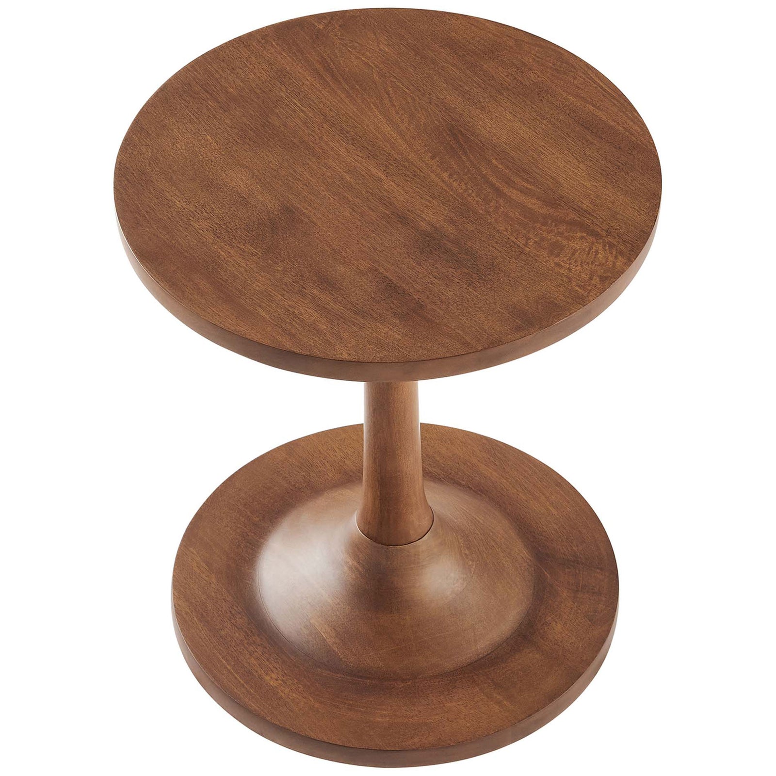 Compact round accent table in warm walnut finish with gently flared base and sturdy pedestal support || EEI-6573-WAL || top_angle_studio