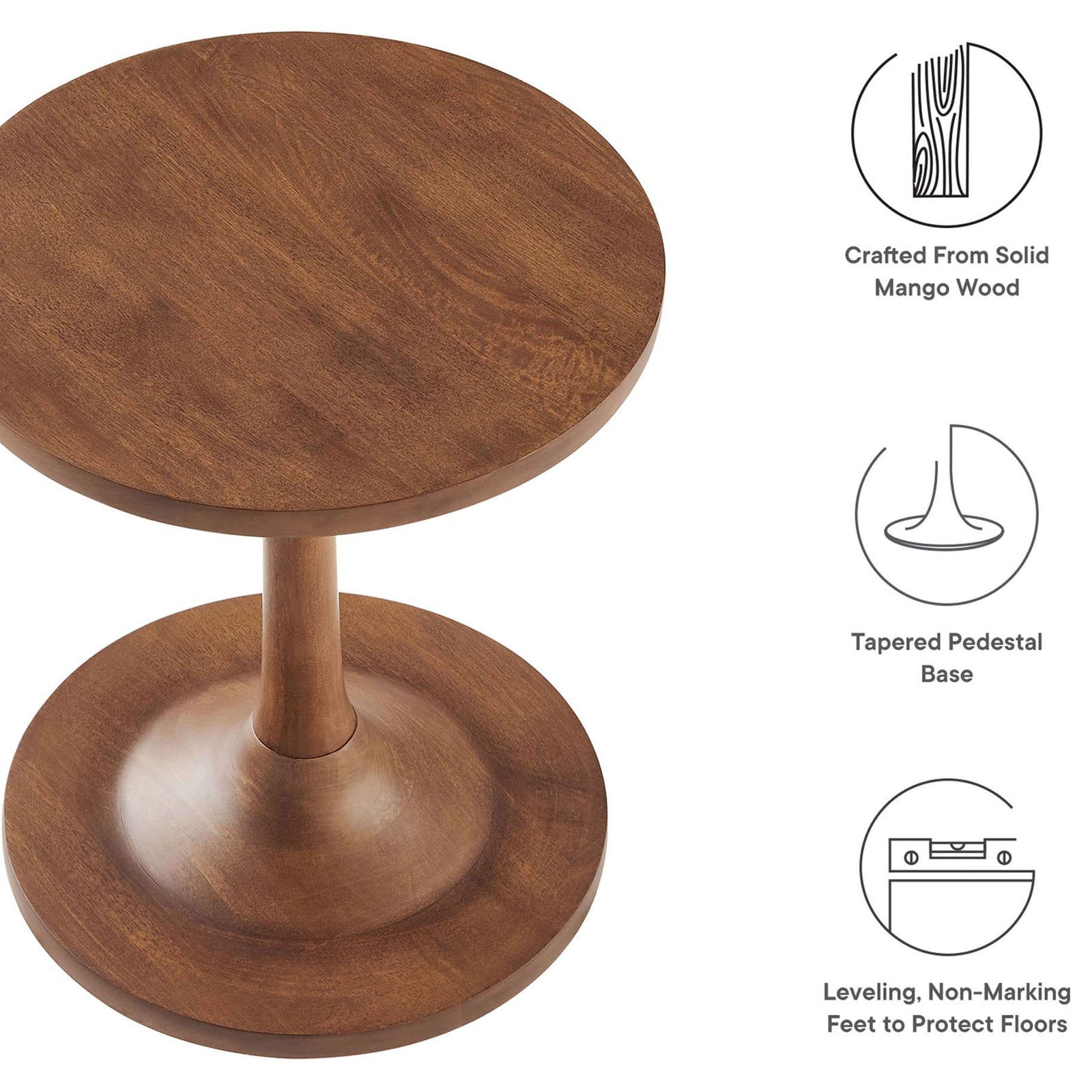 Lina walnut side table showing solid mango wood construction, pedestal base, and leveling feet icons || EEI-6573-WAL || callout_studio