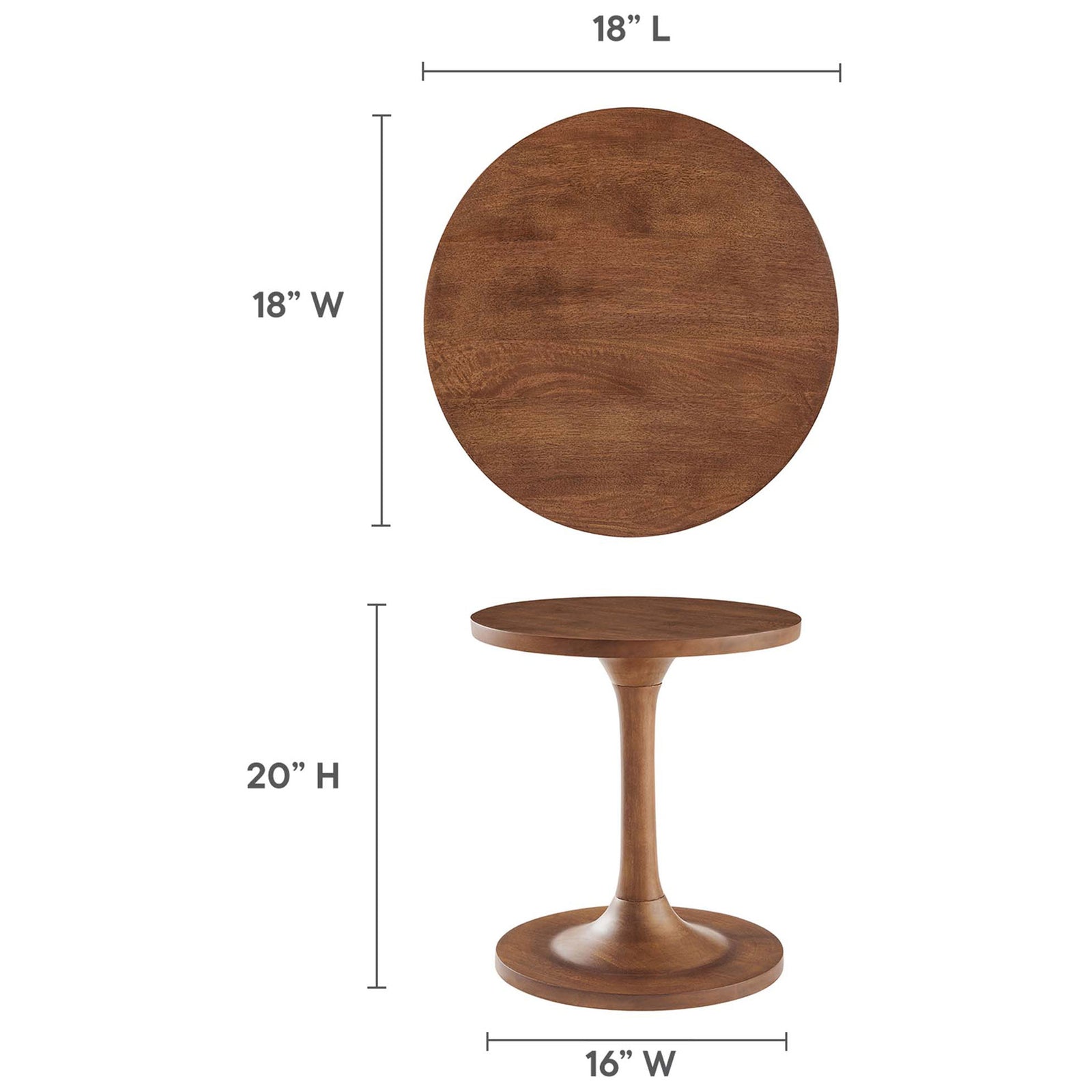 Dimensional diagram of Lina round side table with 18 inch top and 20 inch height measurements || EEI-6573-WAL || dimension_studio