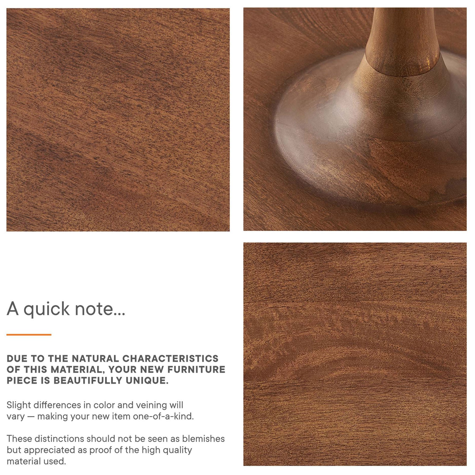Details of Lina walnut side table surface and base with note about natural wood variation || EEI-6573-WAL || callout_studio