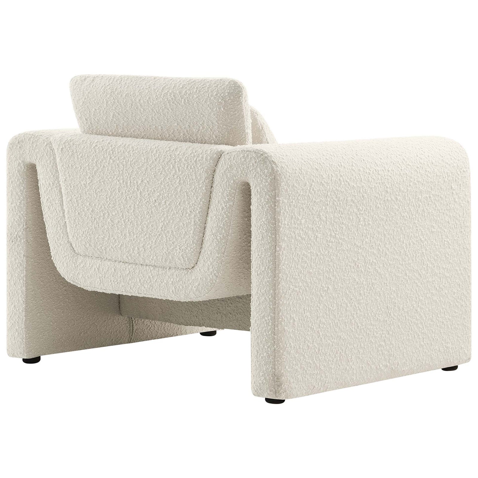 Wraparound backrest and seamless boucle upholstery create a striking modern statement. || EEI-6575-IVO || back_angle_studio