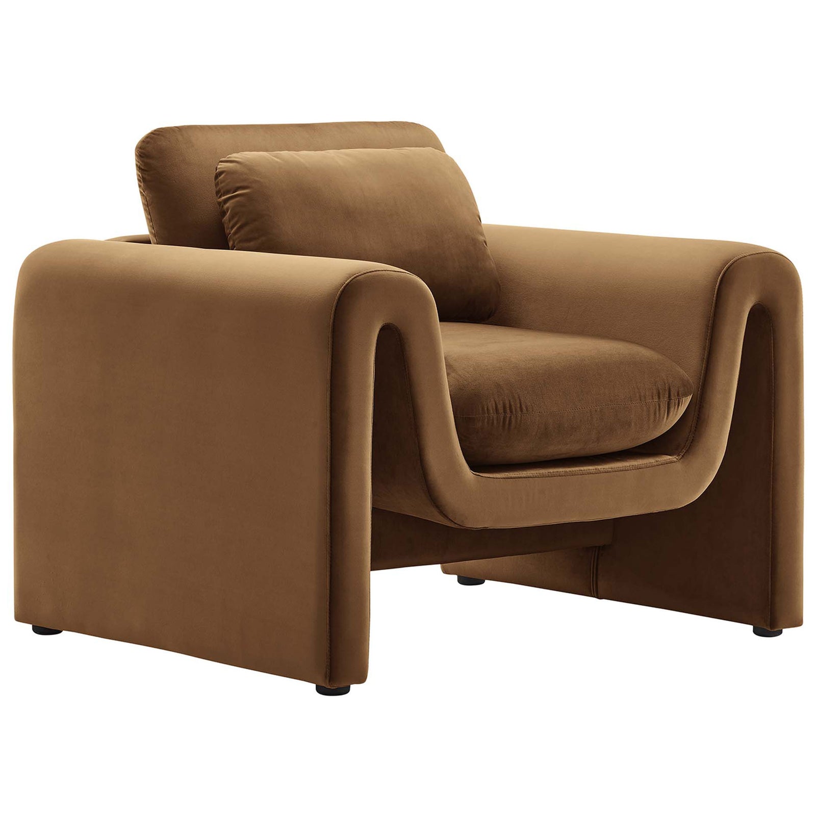 Sculpted wavy-arm velvet armchair in rich brown with plush seat and pillow for modern comfort || EEI-6576-BRN || front_angle_studio